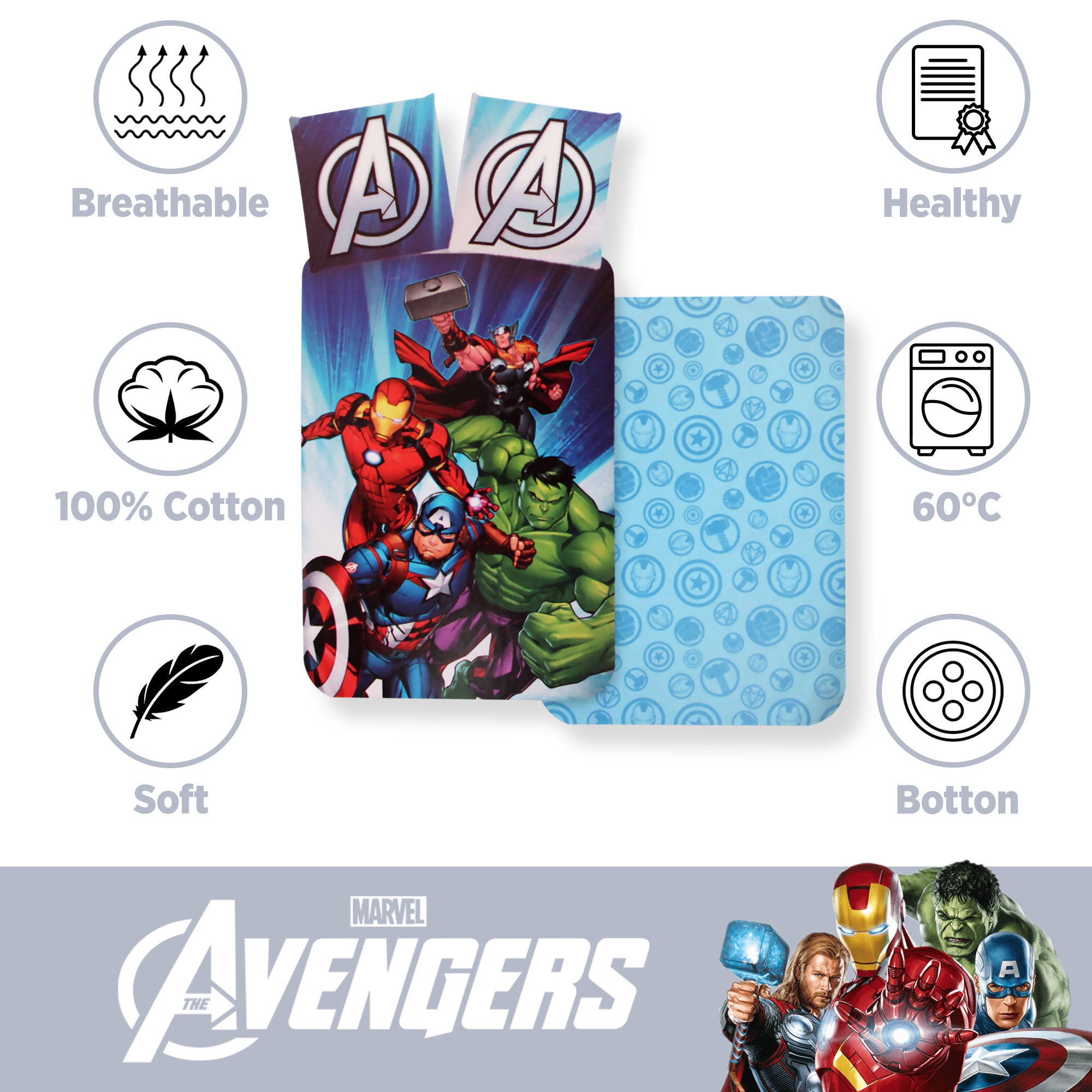 Set Copripiumino Marvel Avengers per letto singolo doubleface in cotone 6555