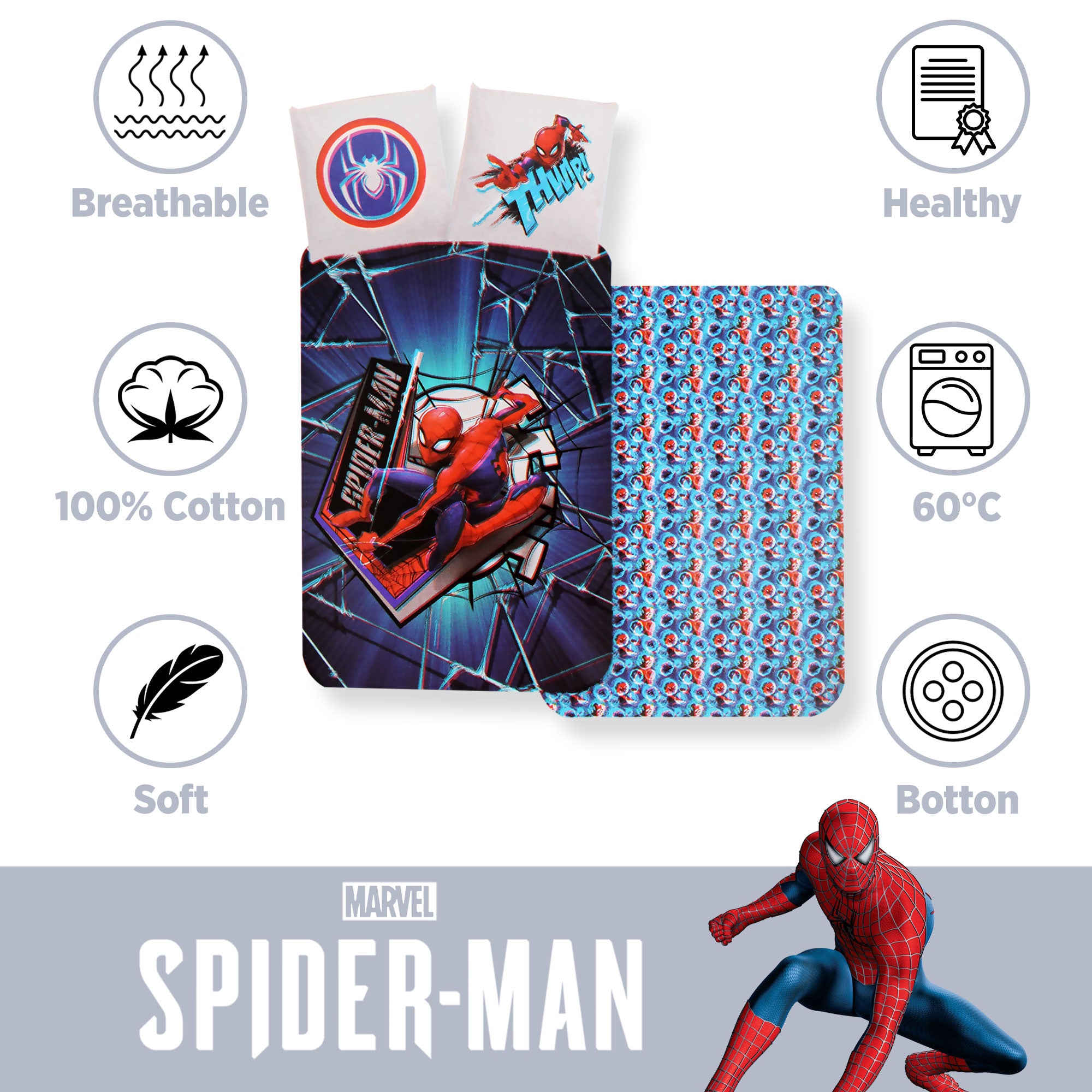 Set Copripiumino Marvel Spiderman per letto singolo doubleface in cotone 6556