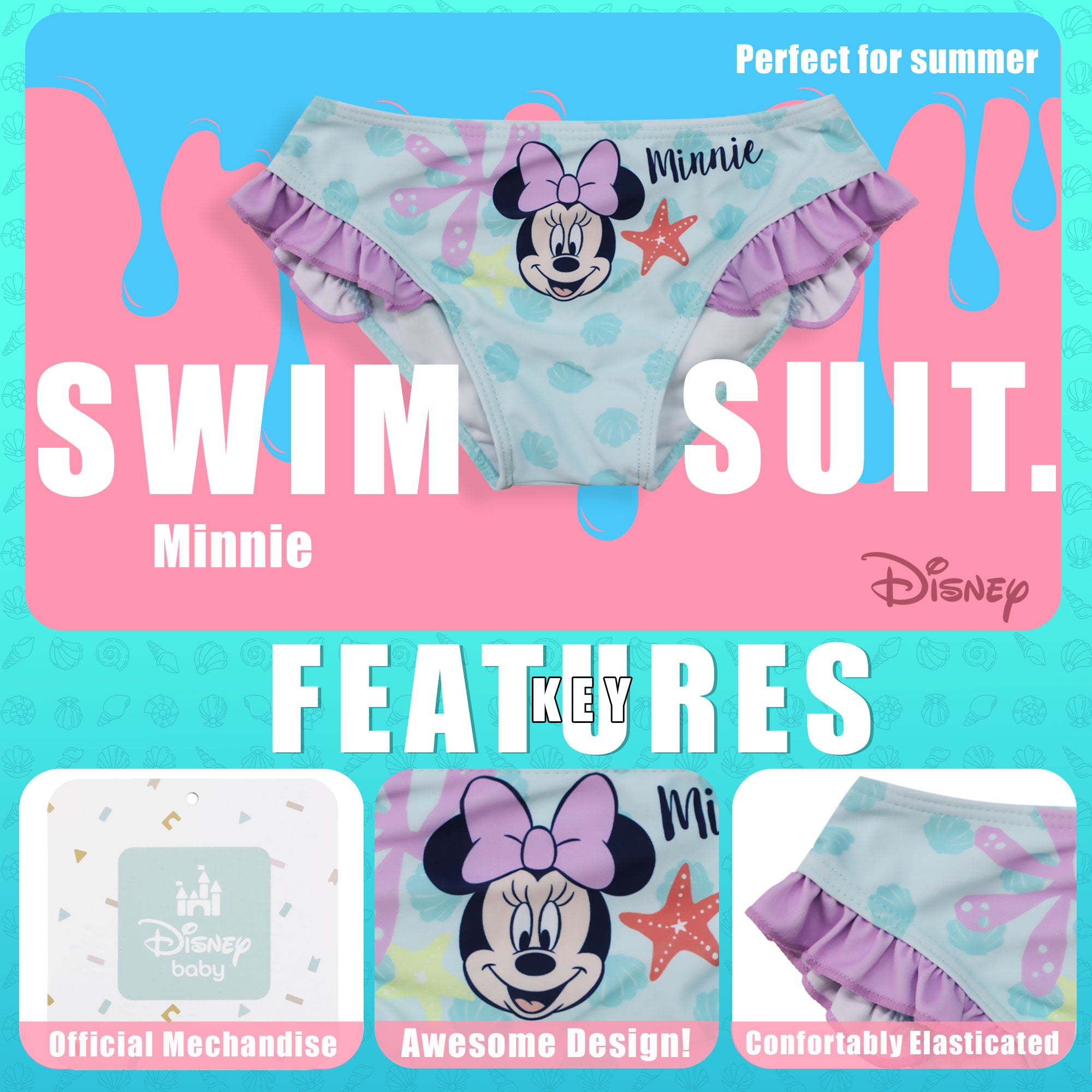 Costume da bagno slip mare per neonato bambina Disney Minnie Mouse bimba 6653