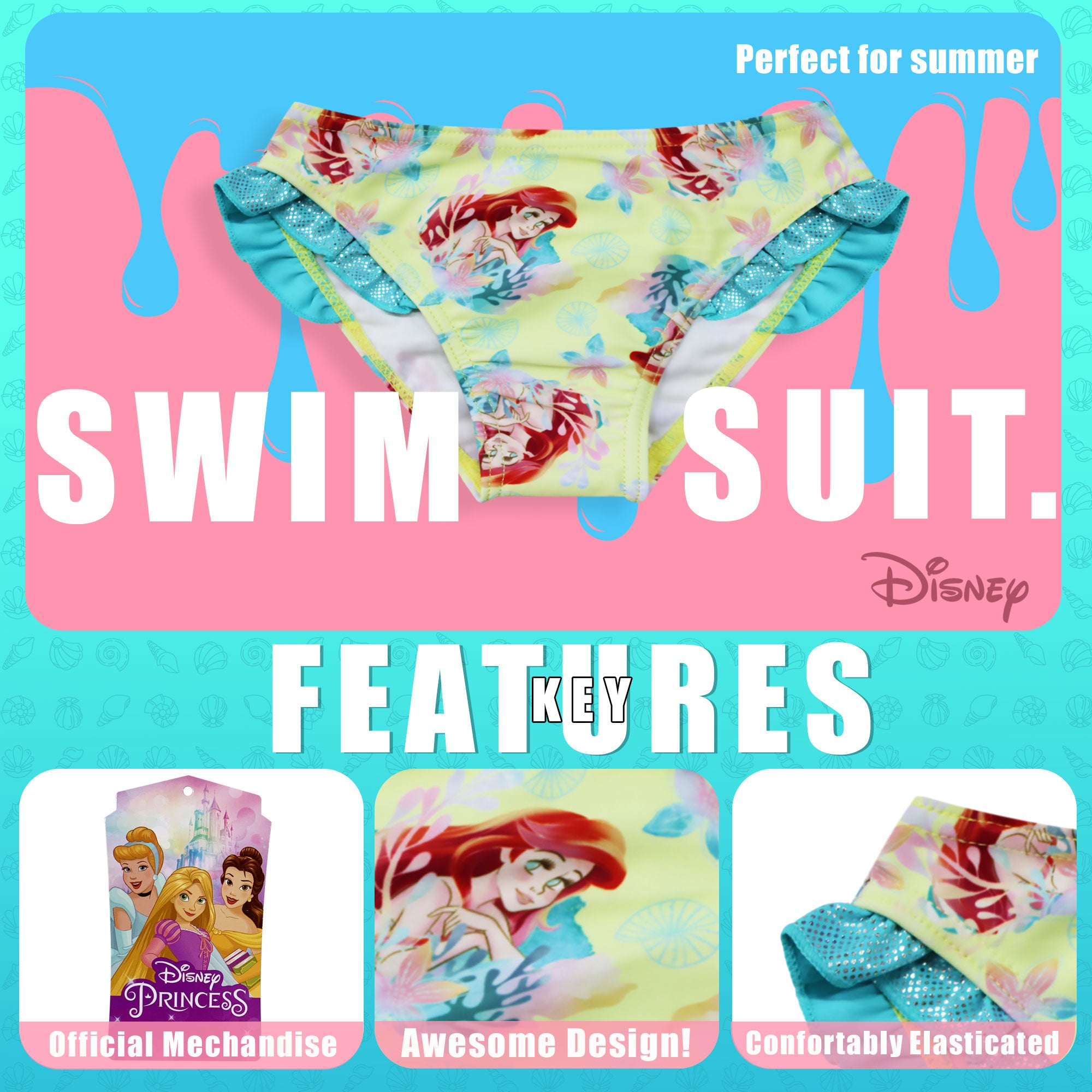 Costume da bagno slip mare per bambina Disney la Sirenetta Ariel bimba 6655