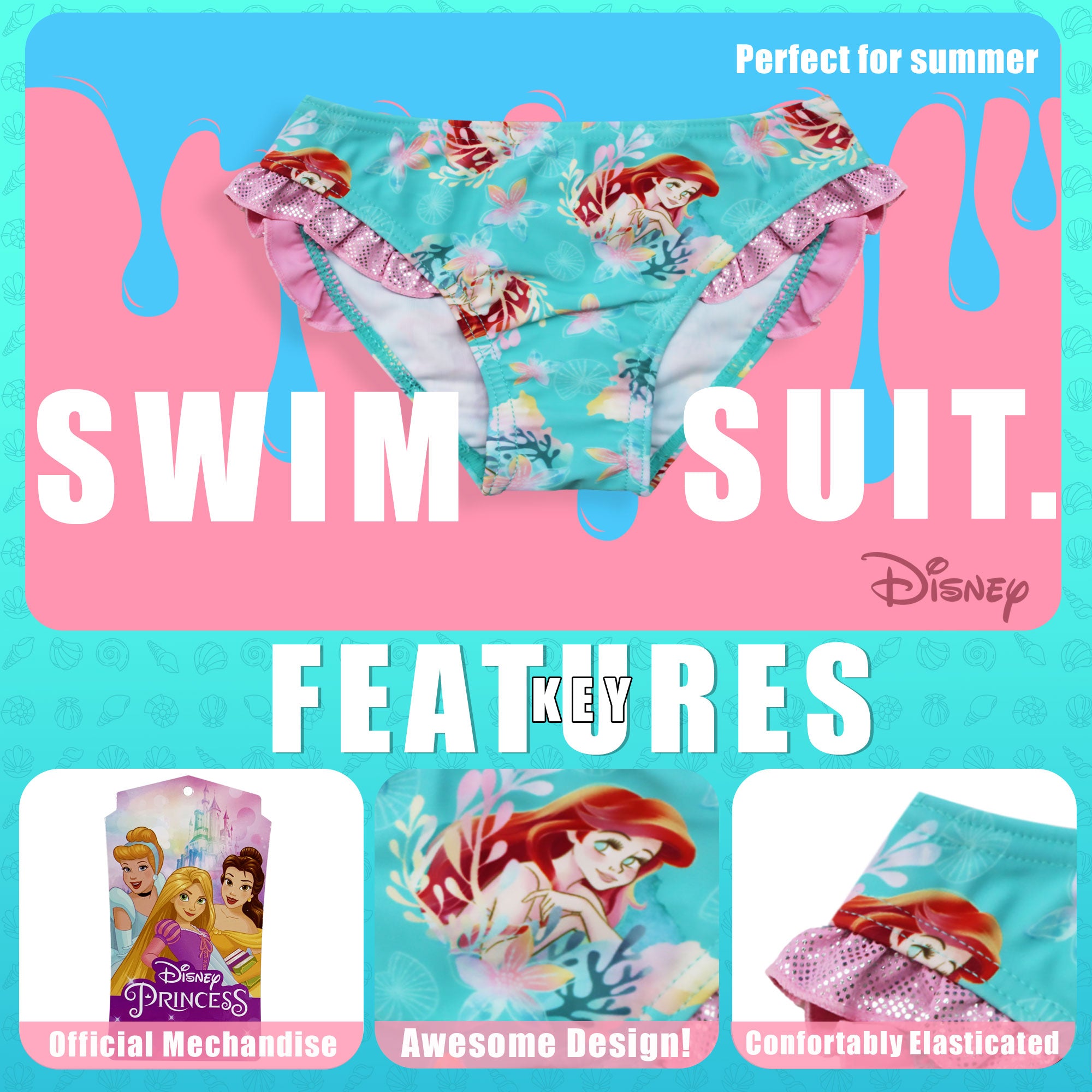 Costume da bagno slip mare per bambina Disney la Sirenetta Ariel bimba 6655
