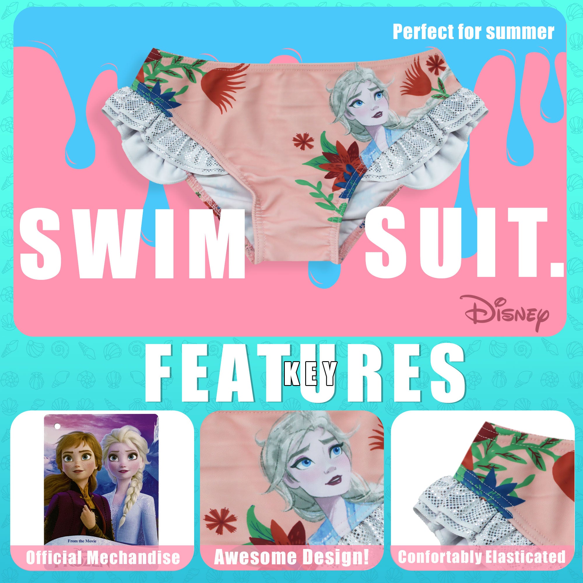 Costume da bagno slip mare per bambina Disney Frozen Elsa con volant bimba 6656