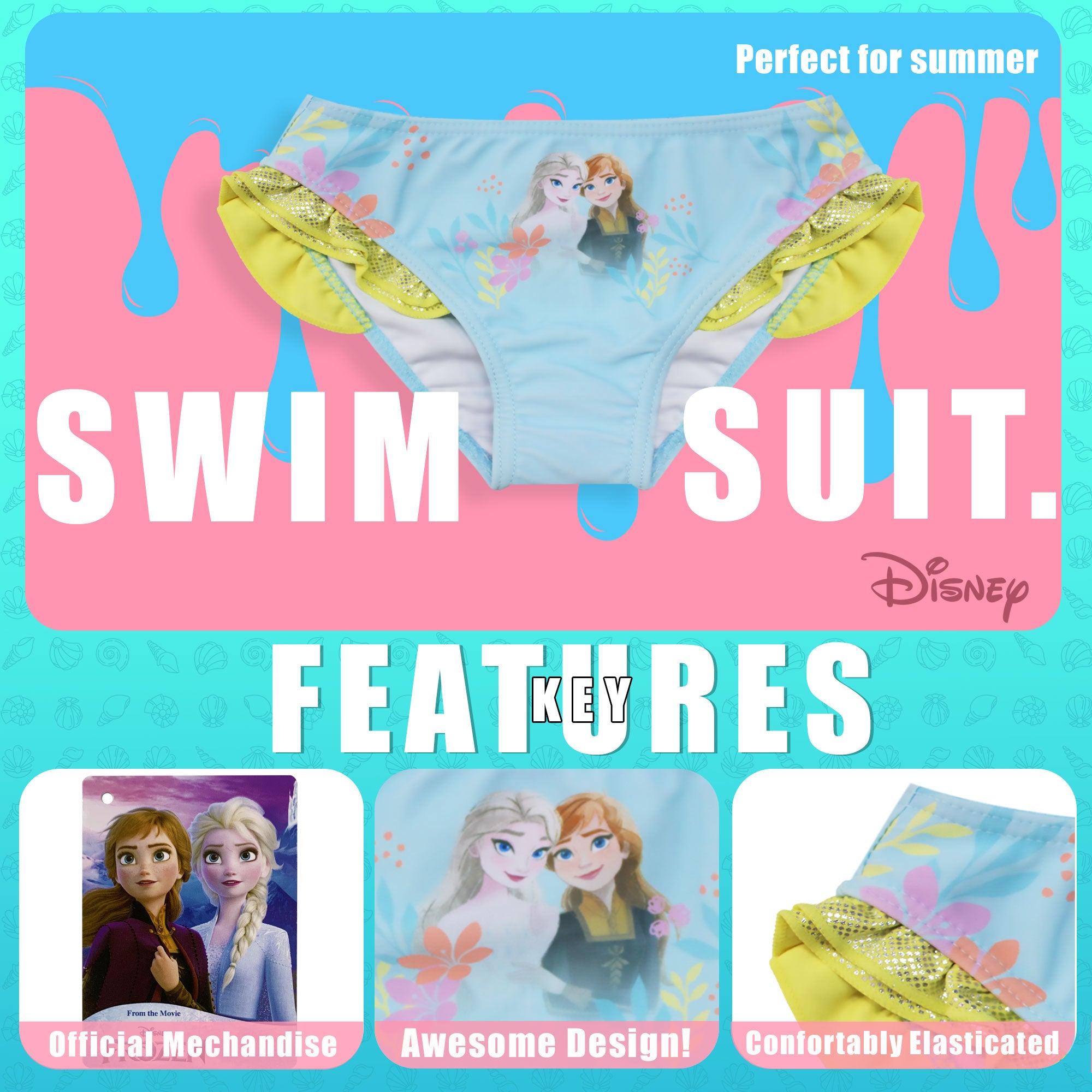 Costume da bagno slip mare per bambina Disney Frozen Elsa e Anna con volant 6657