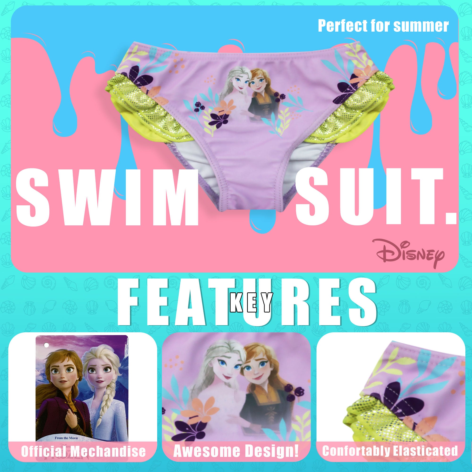 Costume da bagno slip mare per bambina Disney Frozen Elsa e Anna con volant 6657