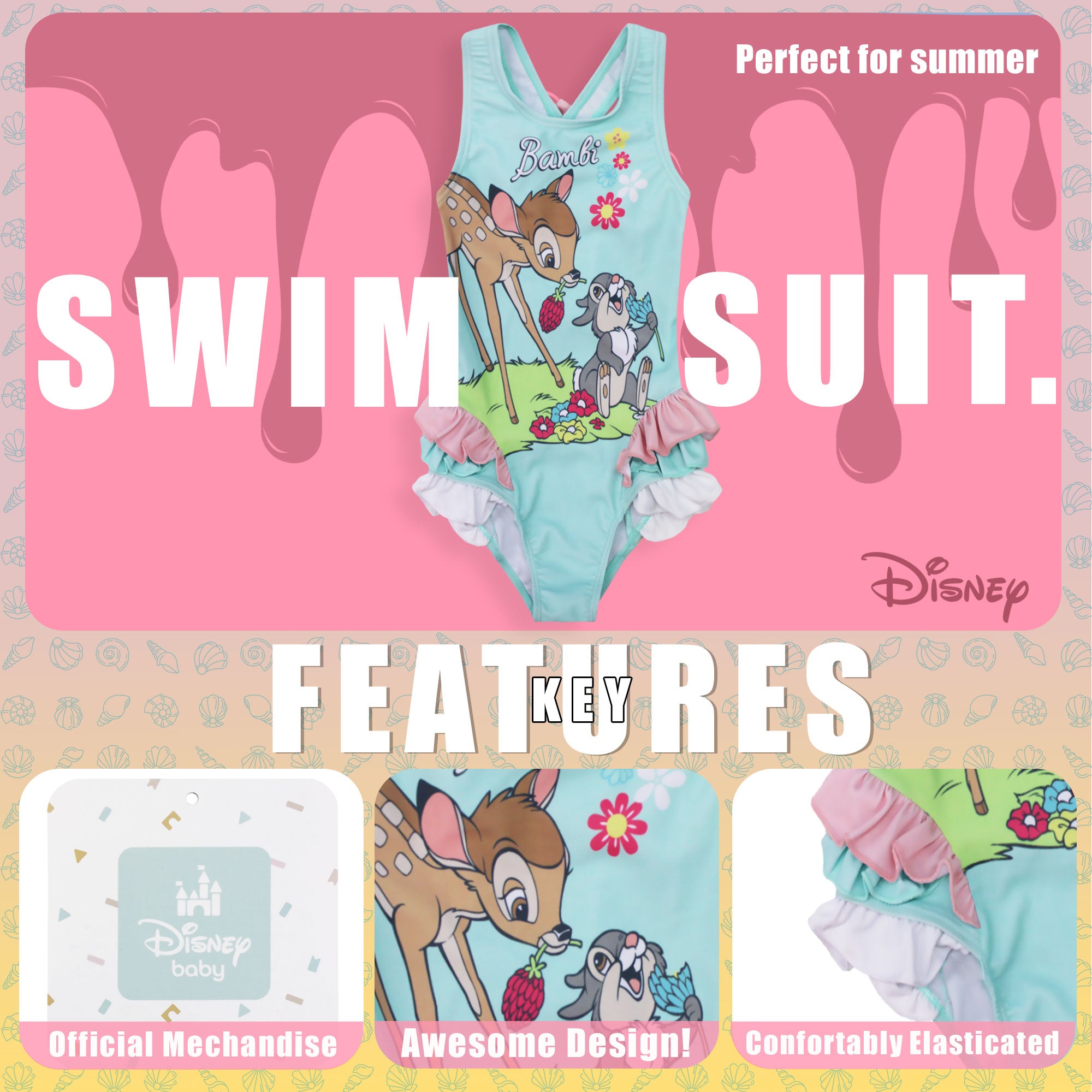 Costume da bagno intero mare Disney Bambi per neonato bambina 1 pezzo bimba 6661
