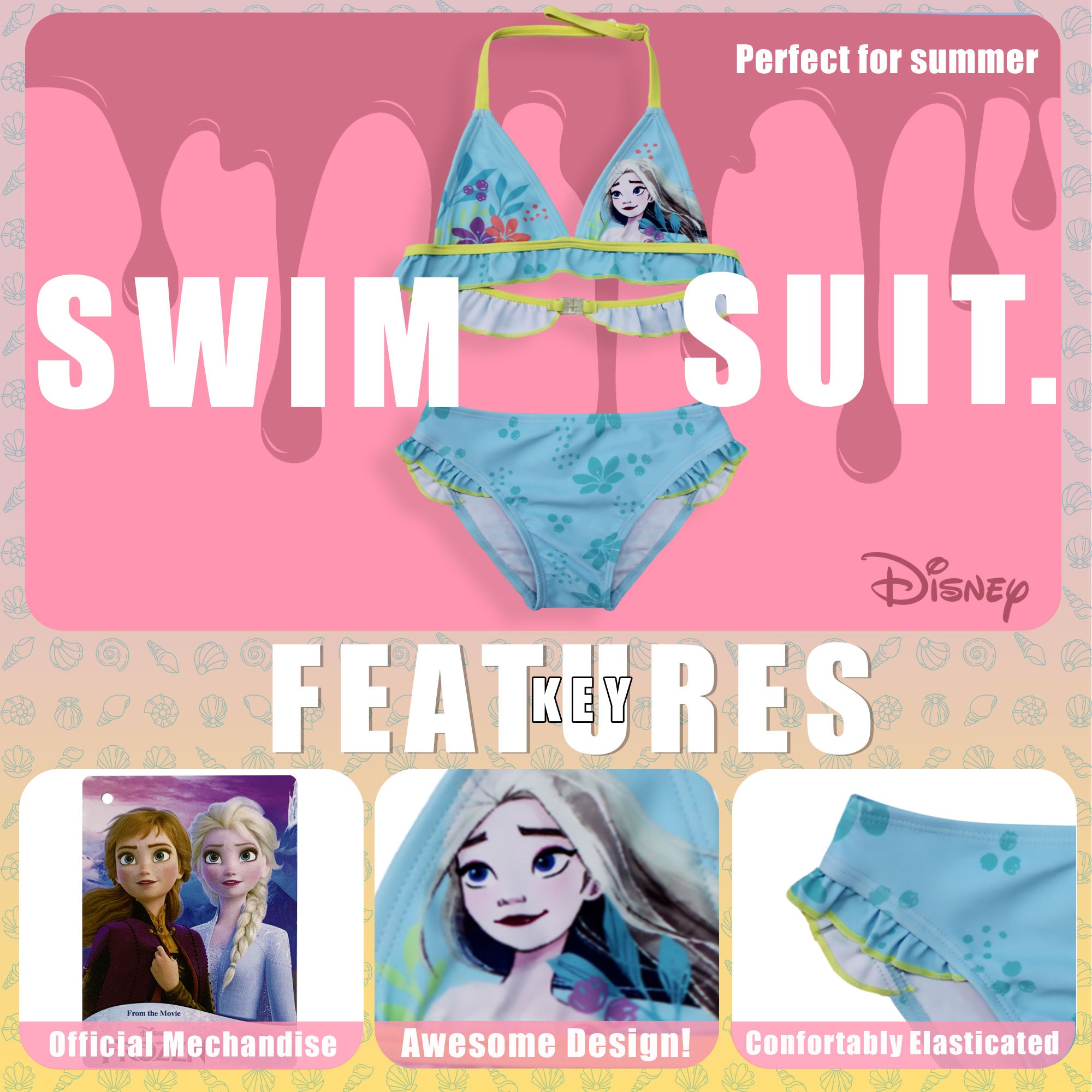 Costume da bagno bikini mare bambina Disney Frozen Elsa 2 pezzi con volant 6665