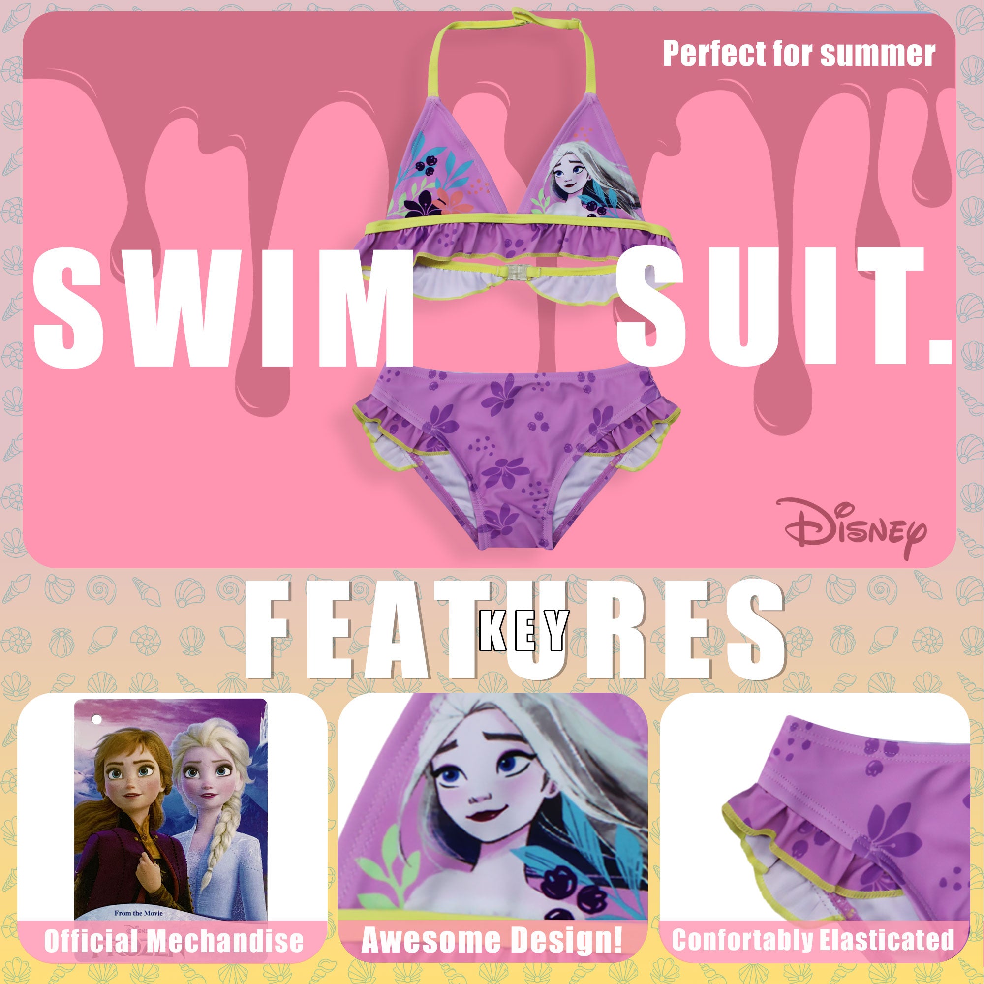 Costume da bagno bikini mare bambina Disney Frozen Elsa 2 pezzi con volant 6665