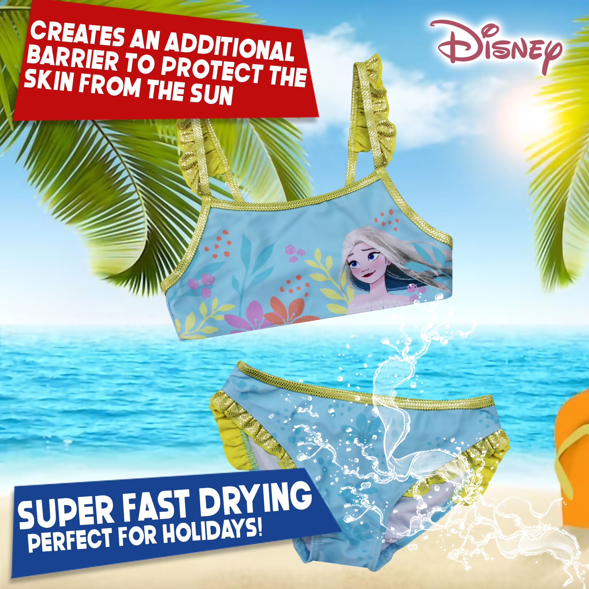 Costume da bagno bikini mare bambina Disney Frozen Elsa 2 pezzi con volant 6666
