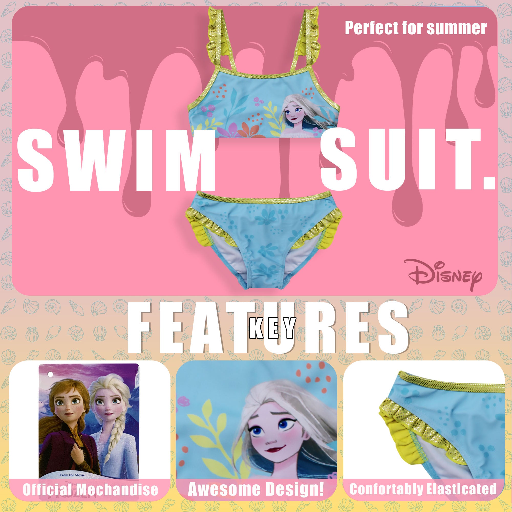 Costume da bagno bikini mare bambina Disney Frozen Elsa 2 pezzi con volant 6666