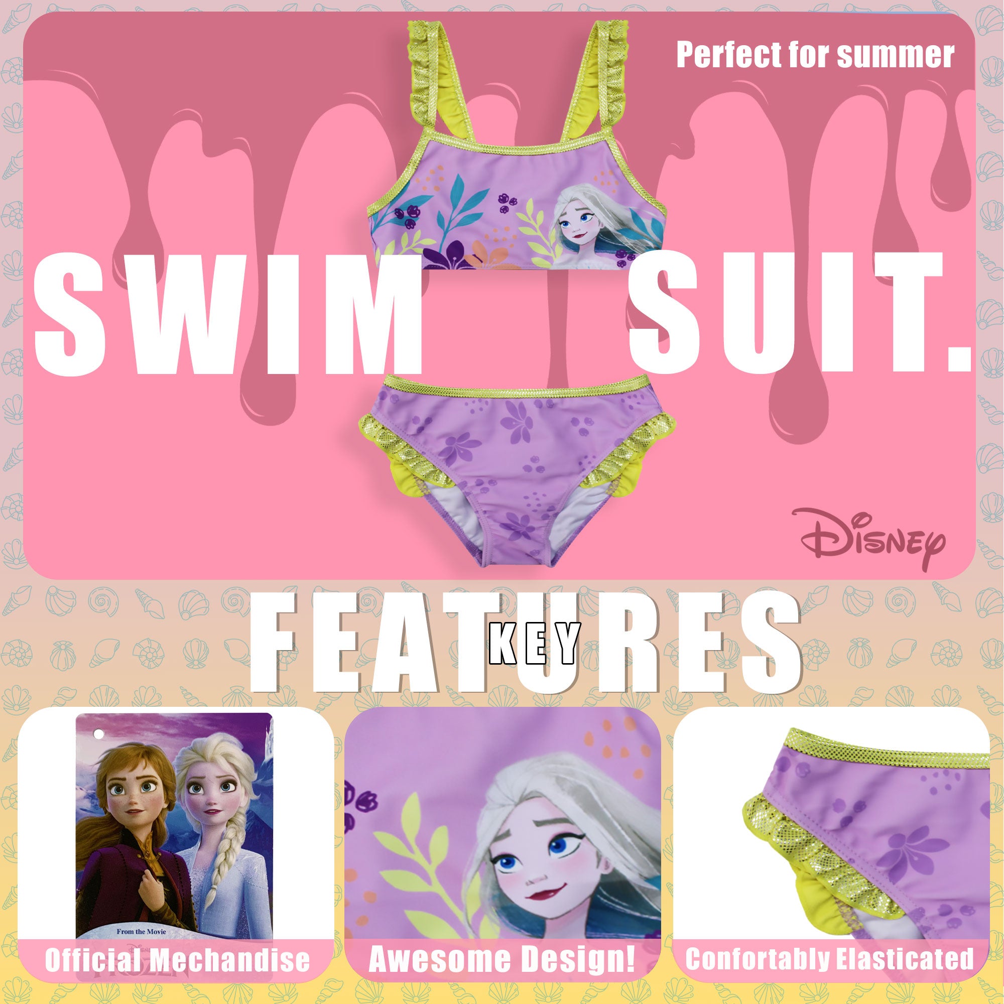 Costume da bagno bikini mare bambina Disney Frozen Elsa 2 pezzi con volant 6666