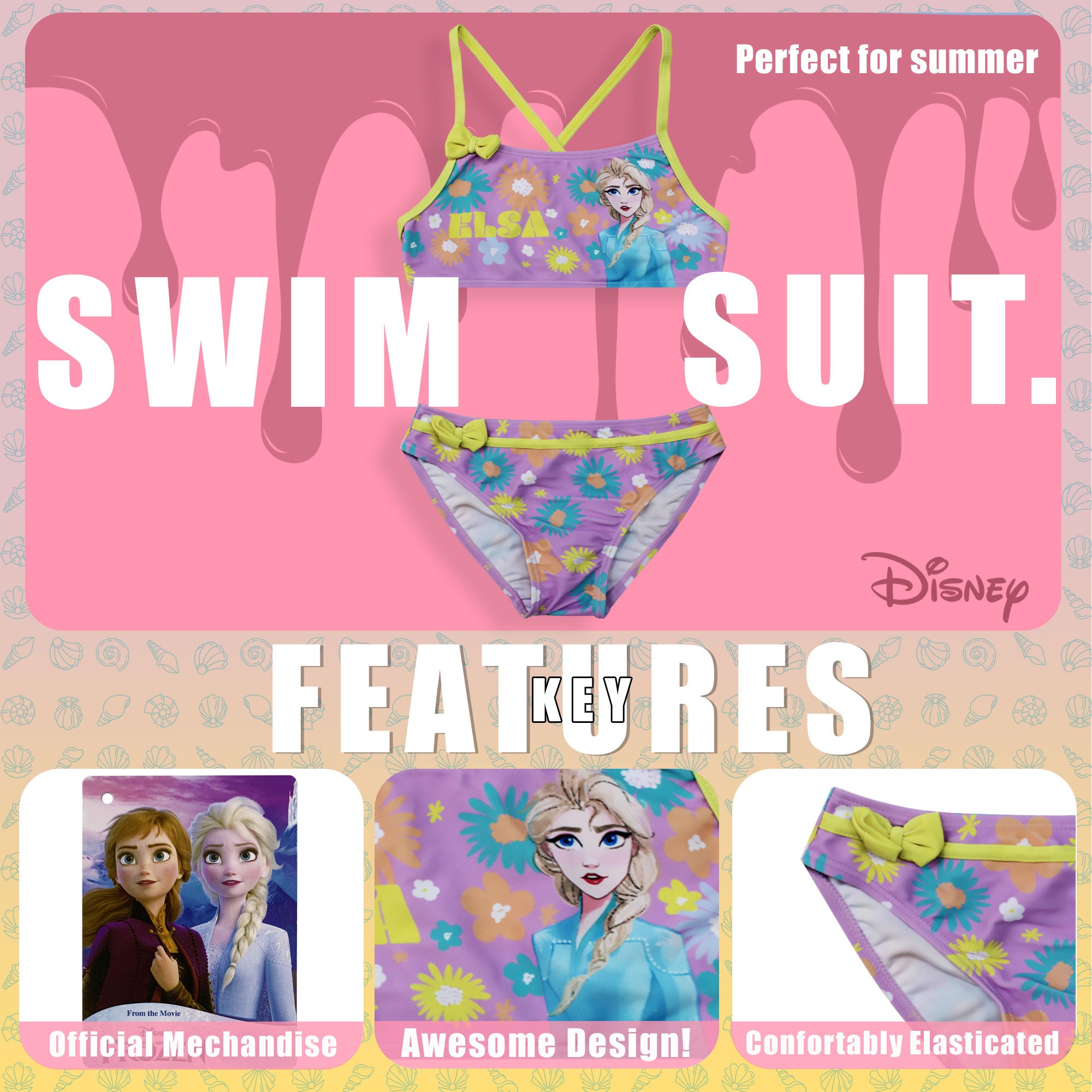 Costume da bagno bikini mare bambina Disney Frozen Elsa 2 pezzi con fiocchi 6667