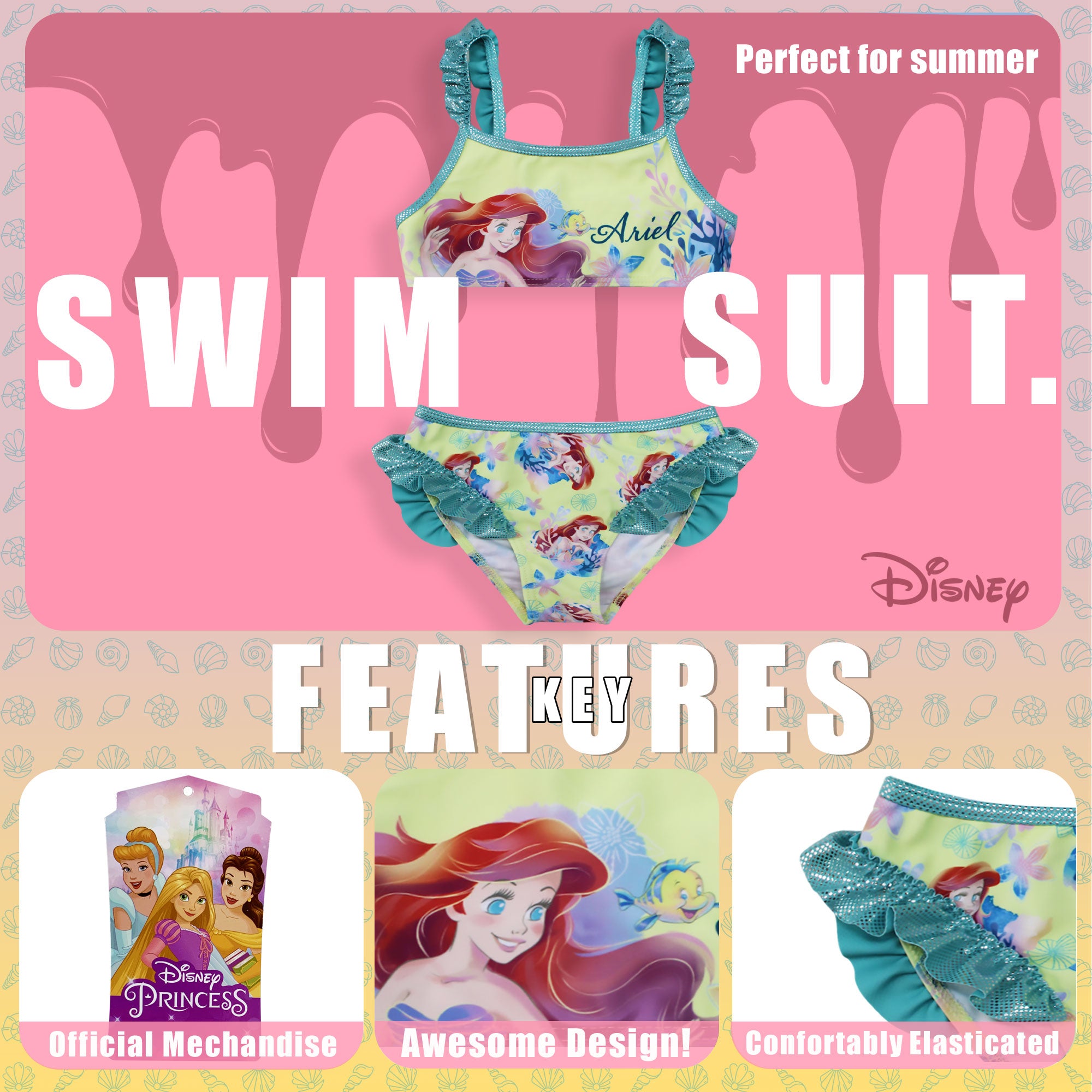 Costume da bagno Disney la Sirenetta Ariel bikini mare per bambina 2 pezzi 6668