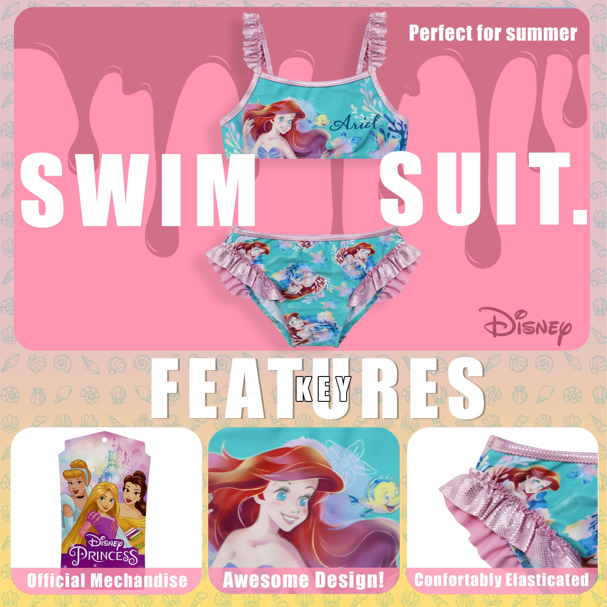 Costume da bagno Disney la Sirenetta Ariel bikini mare per bambina 2 pezzi 6668