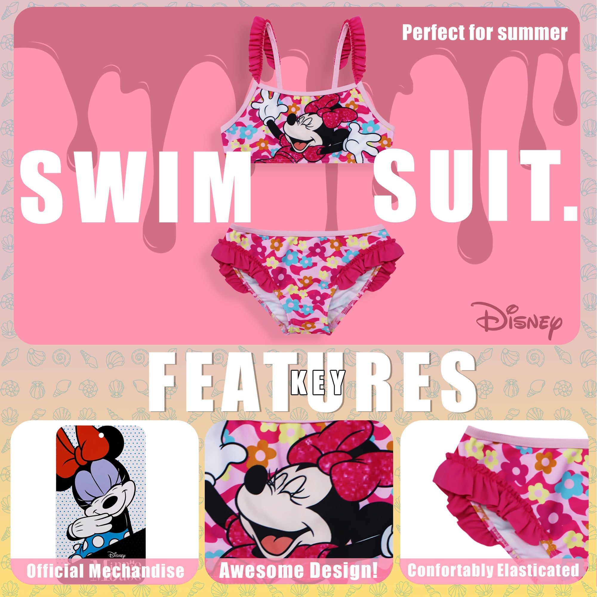 Costume da bagno Disney Minnie Mouse bikini mare per bambina 2 pezzi 6669