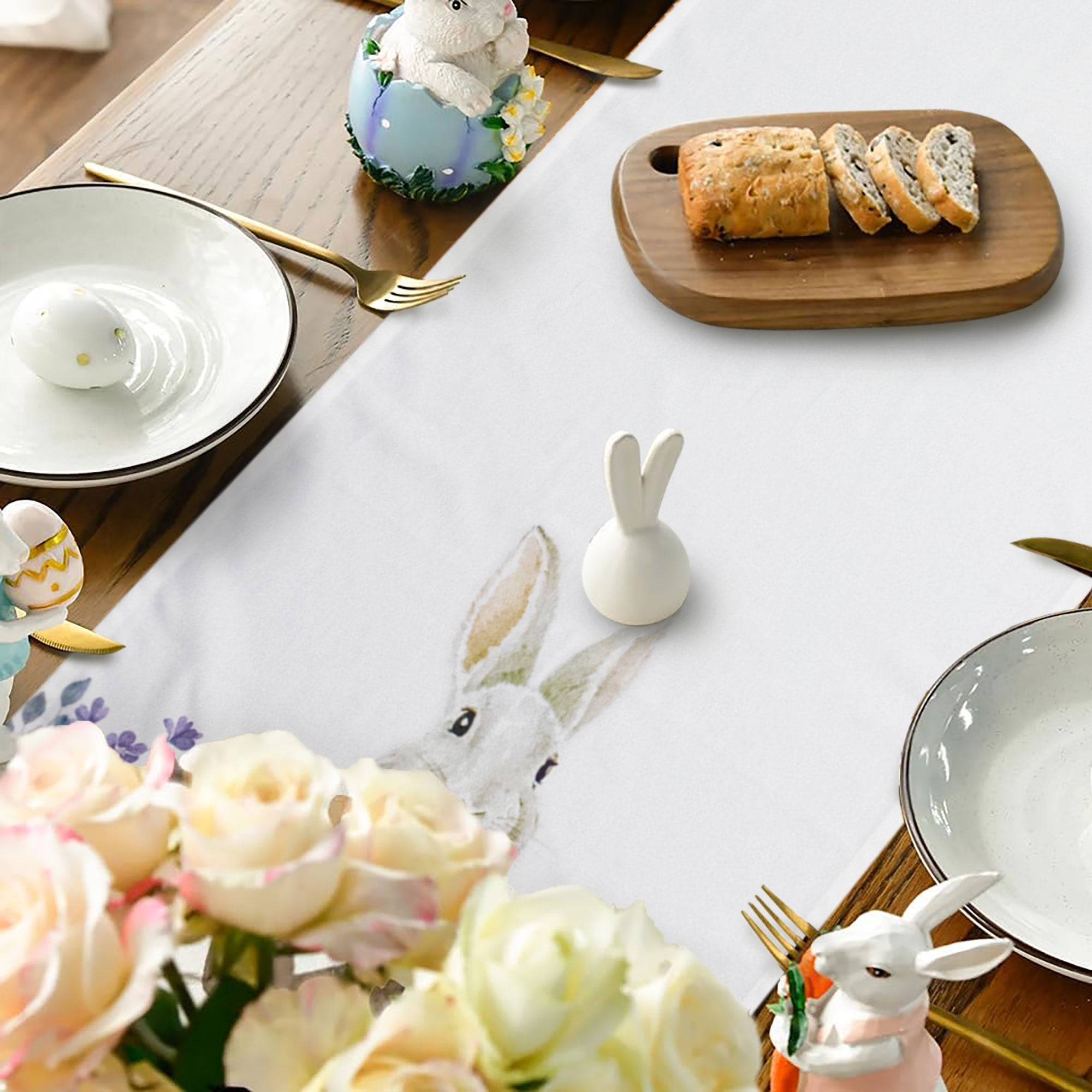 Runner Da Tavola Pasquale 33x182 Cm - Tessuto Lino Con Coniglietto E Fiori Di Ciliegio