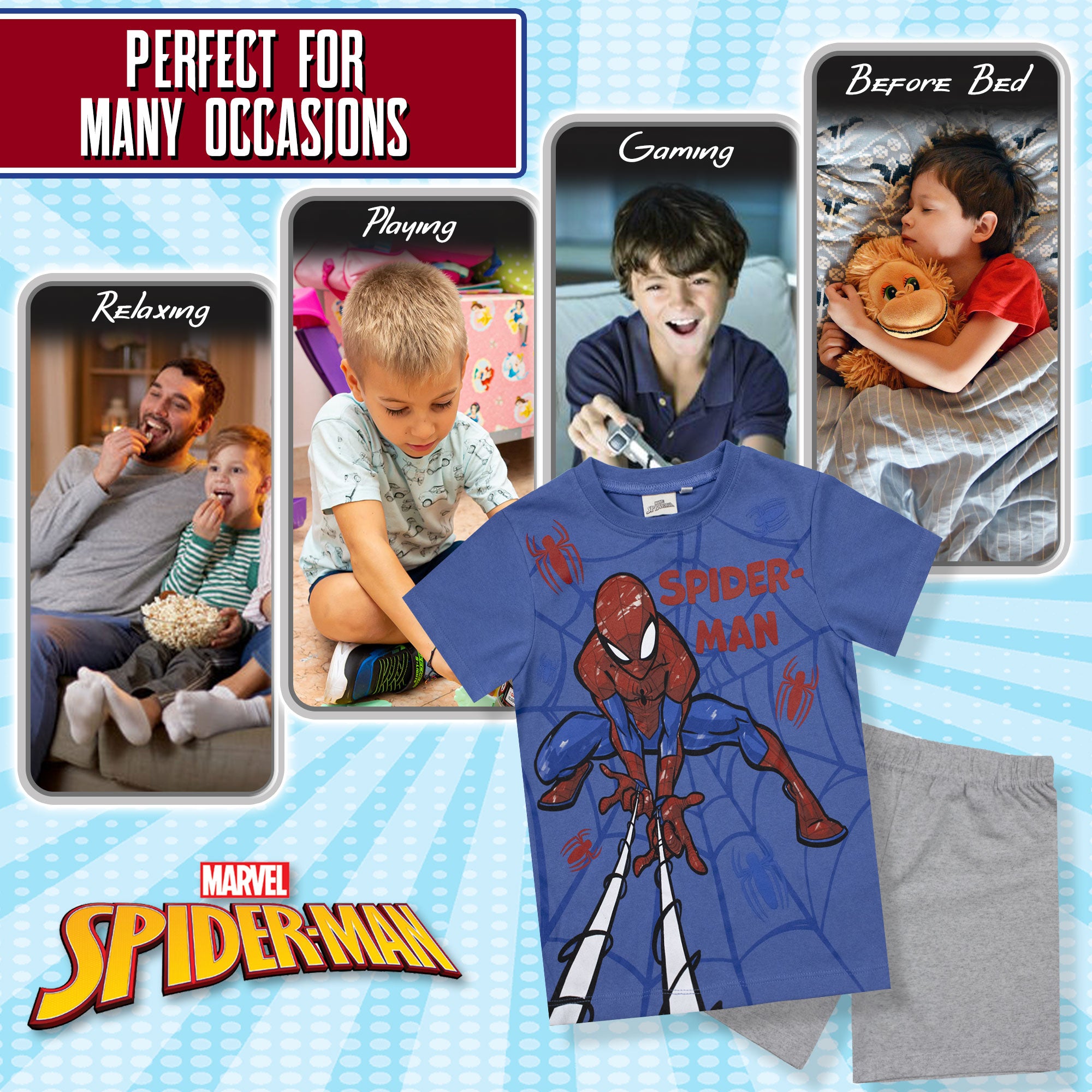 Pigiama bambino Marvel Spiderman t-shirt e pantalone corto estivo in cotone 6781