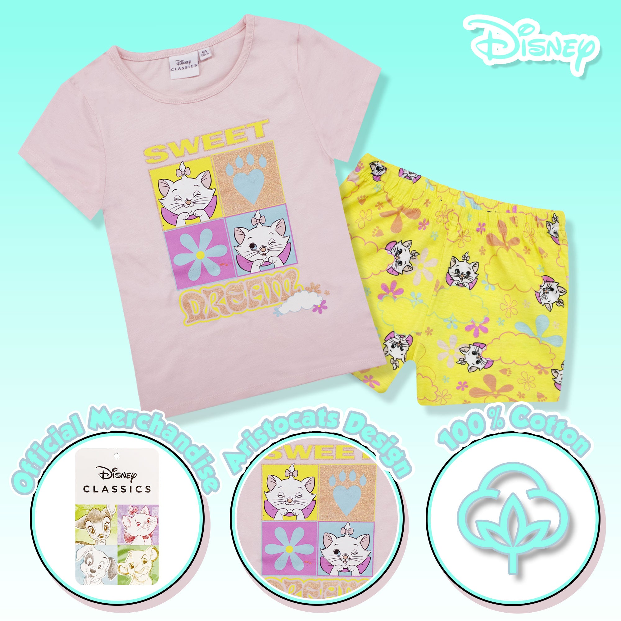 Pigiama bambina Disney Aristogatti Marie pantaloncino in cotone stampato 6788