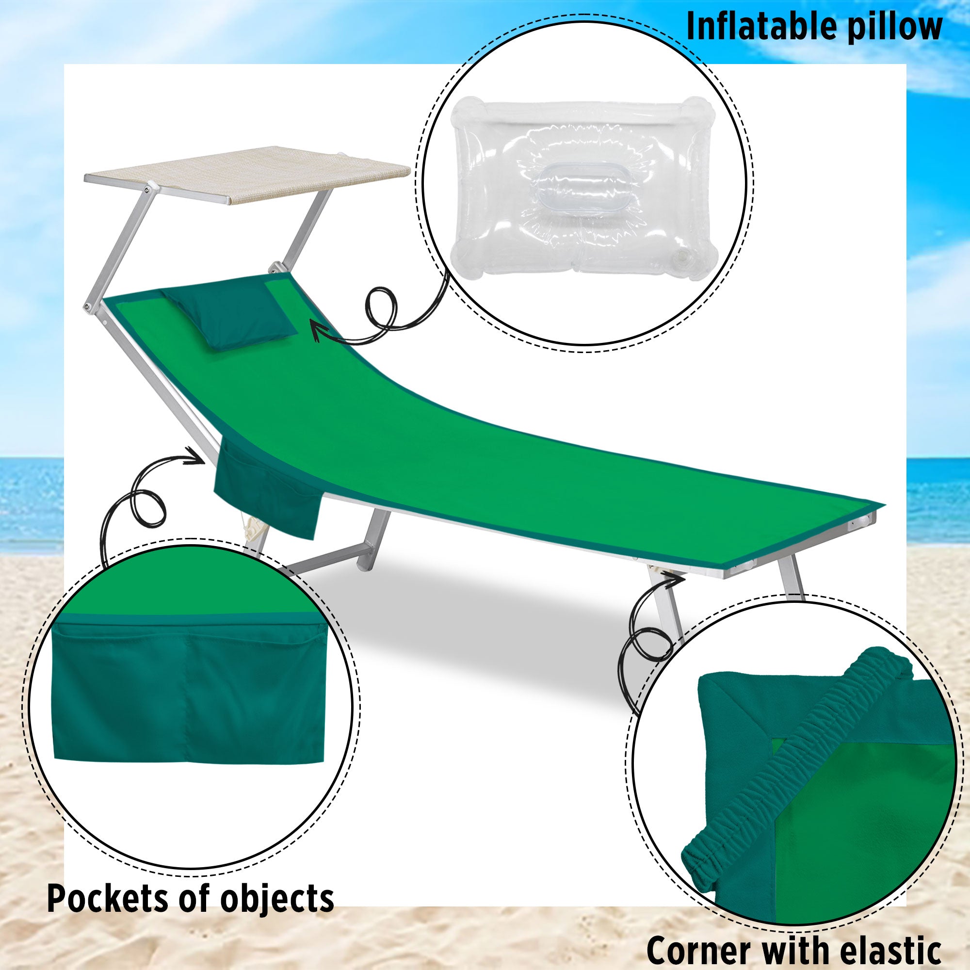 Telo mare microfibra coprilettino con elastici tasche e cuscino gonfiabile 6800