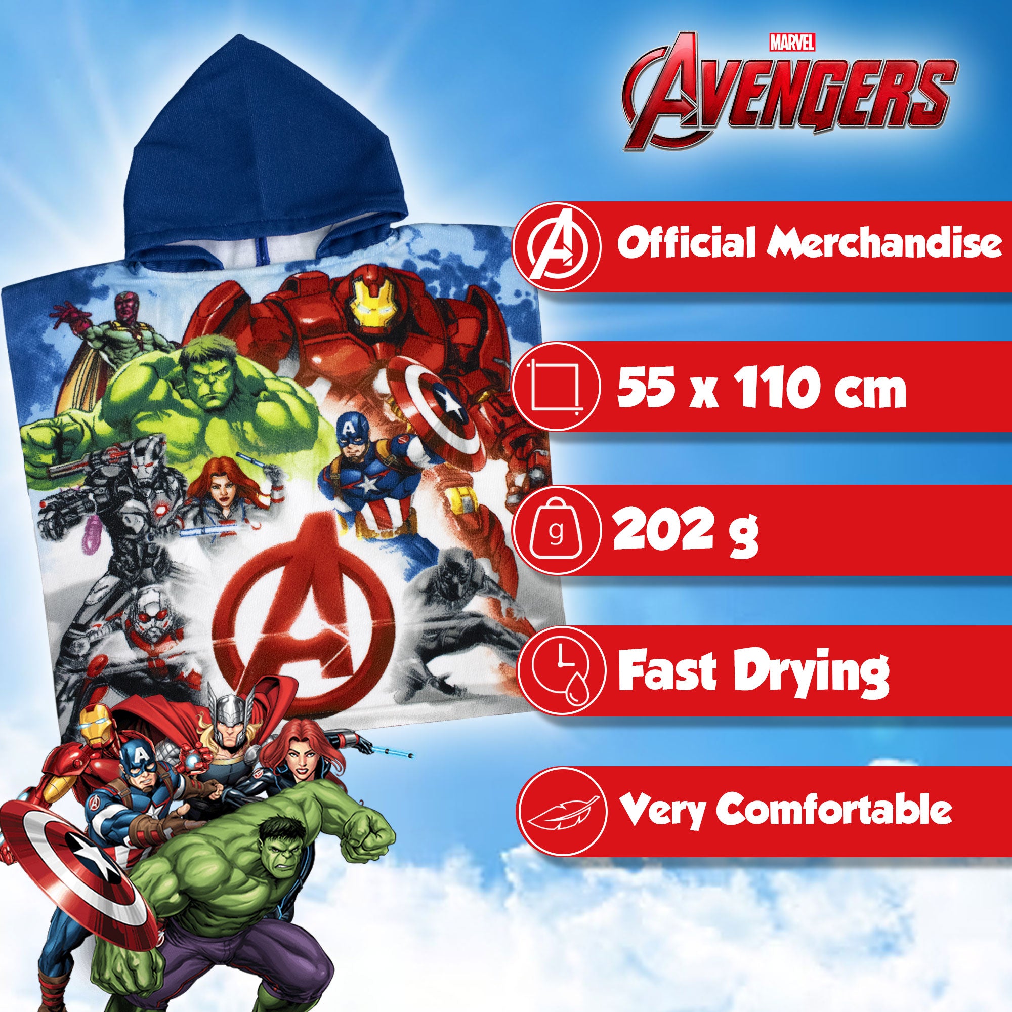 Poncho mare Marvel Avengers per bambino 55x110cm asciugamano piscina 6803