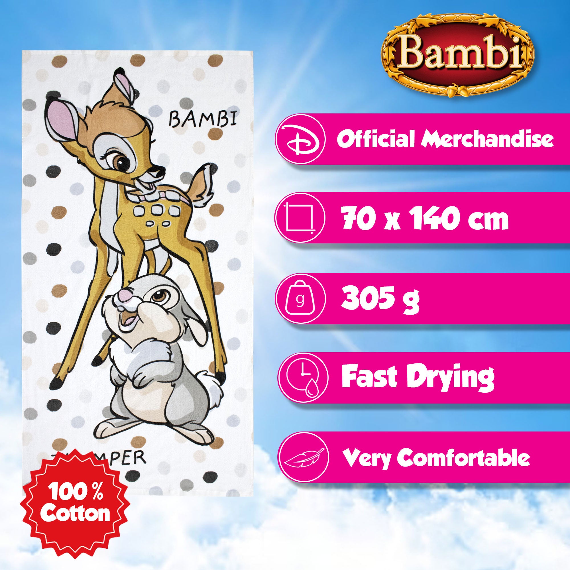 Telo mare Disney Bambi in cotone 70x140cm asciugamano piscina 6810