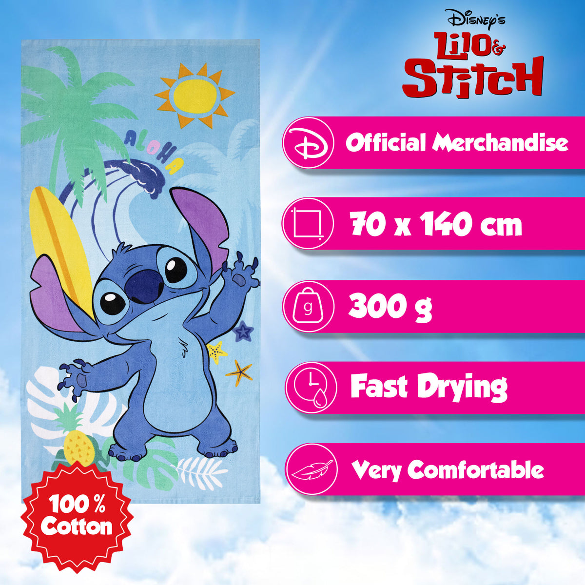 Telo mare Disney Stitch in cotone 70x140cm asciugamano piscina 6813