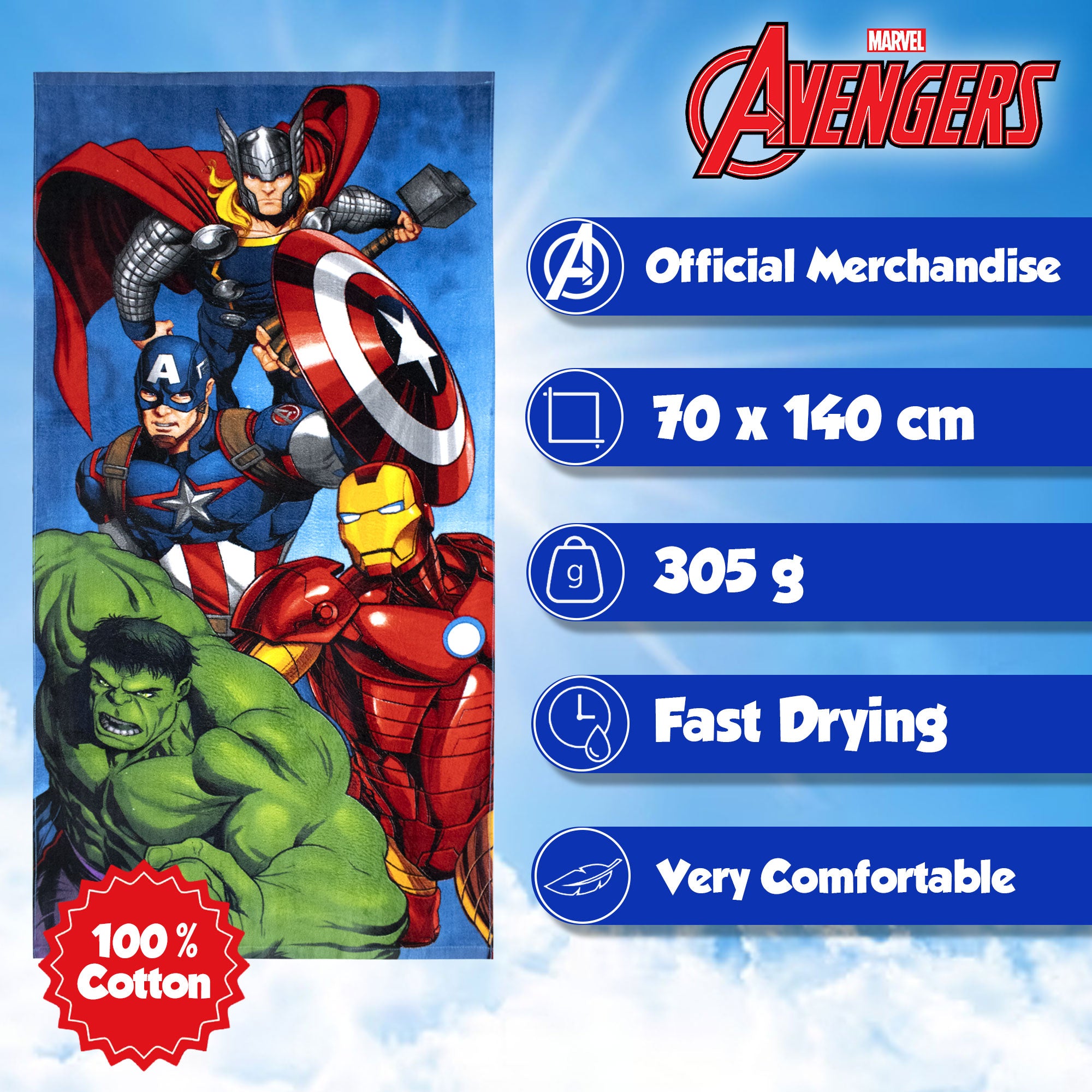 Telo mare Marvel Avengers in cotone 70x140cm asciugamano piscina 6817