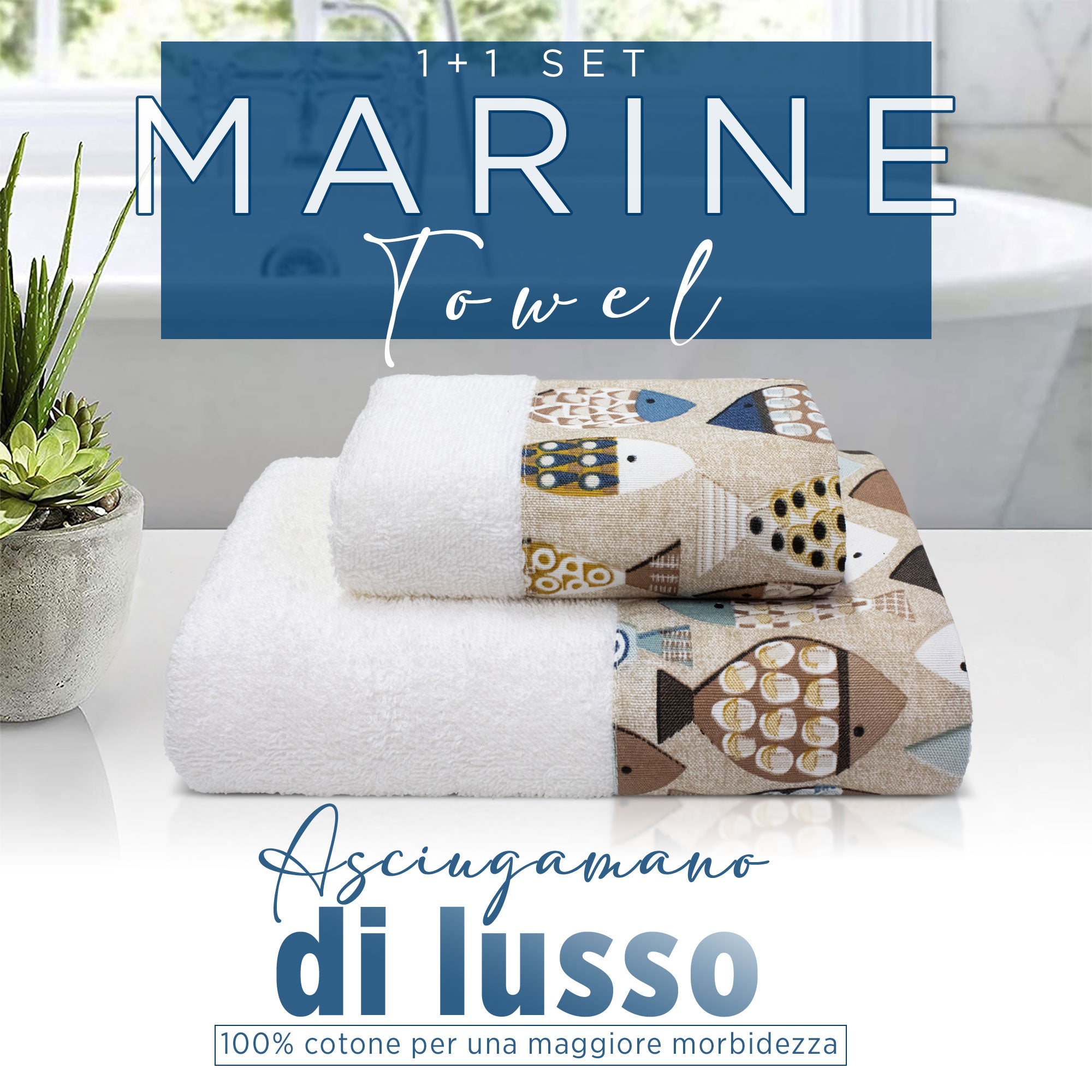 Asciugamani bagno stile marino Set 1+1 in spugna di cotone Viso e Ospite 6822