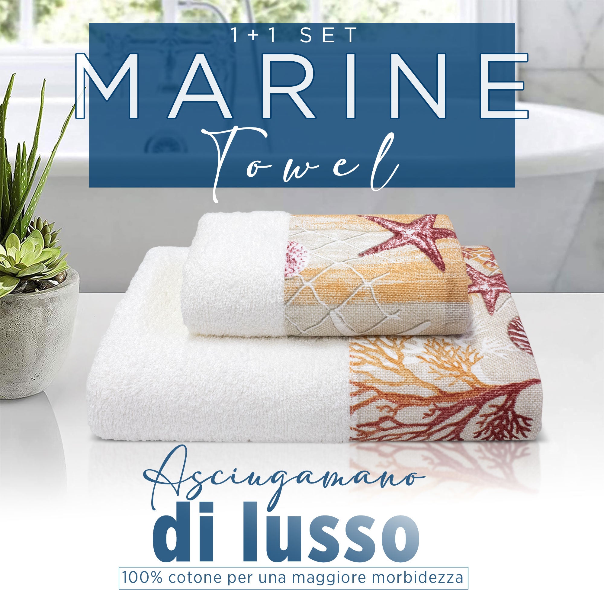 Asciugamani bagno stile marino Set 1+1 in spugna di cotone Viso e Ospite 6822