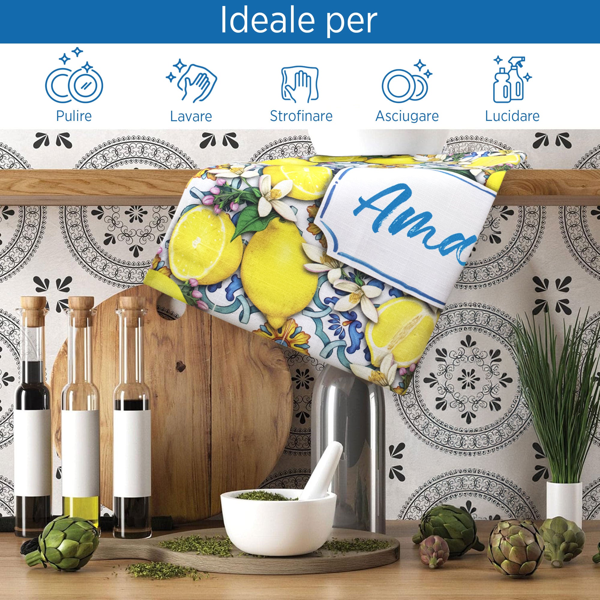 Strofinaccio cucina Amalfi Limoni canovaccio effetto mistolino in cotone 6826