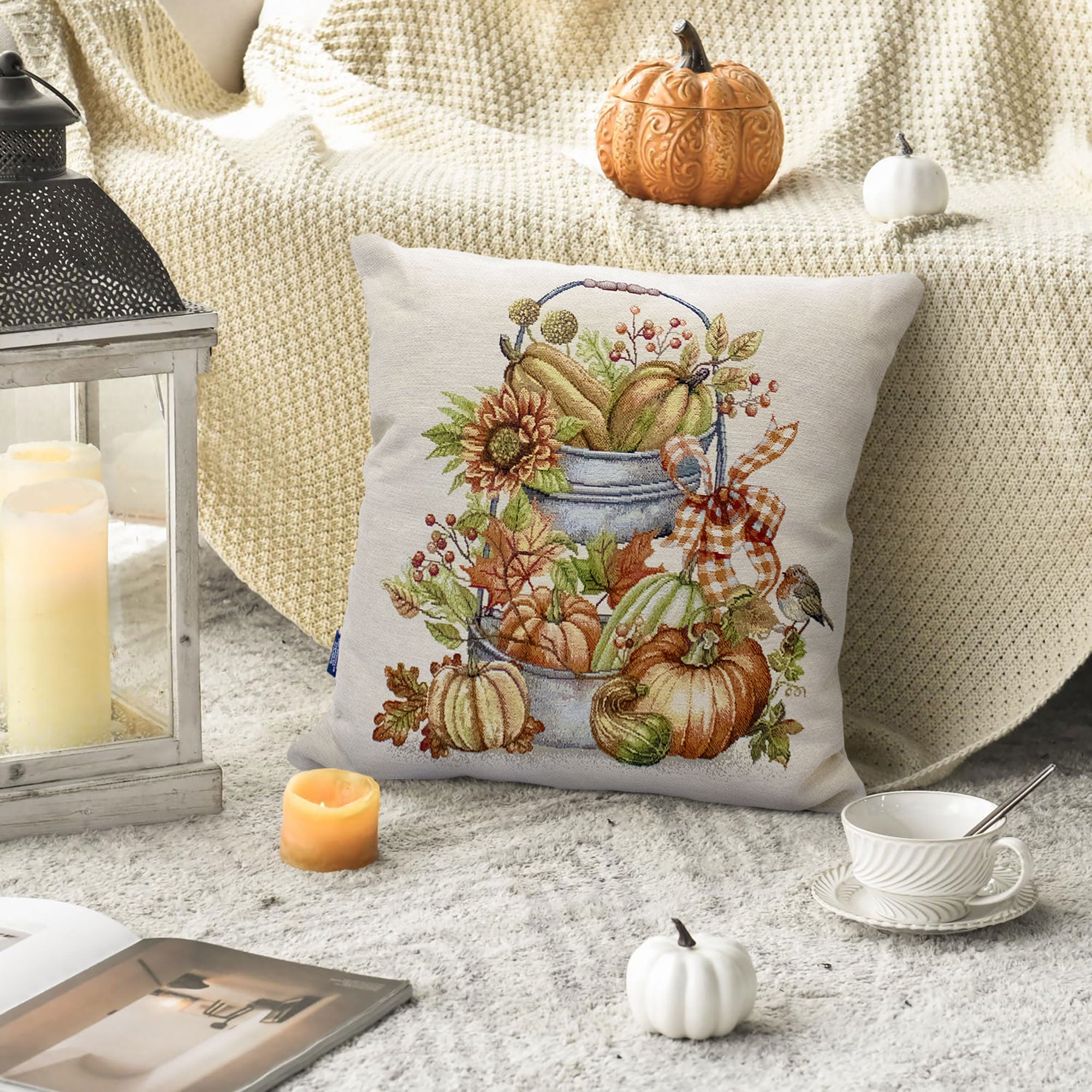 Federa Per Cuscino MFGNEH In Cotone E Lino – 40x40 Cm Con Motivo Zucca E Camioncino, Autunno Shabby Chic