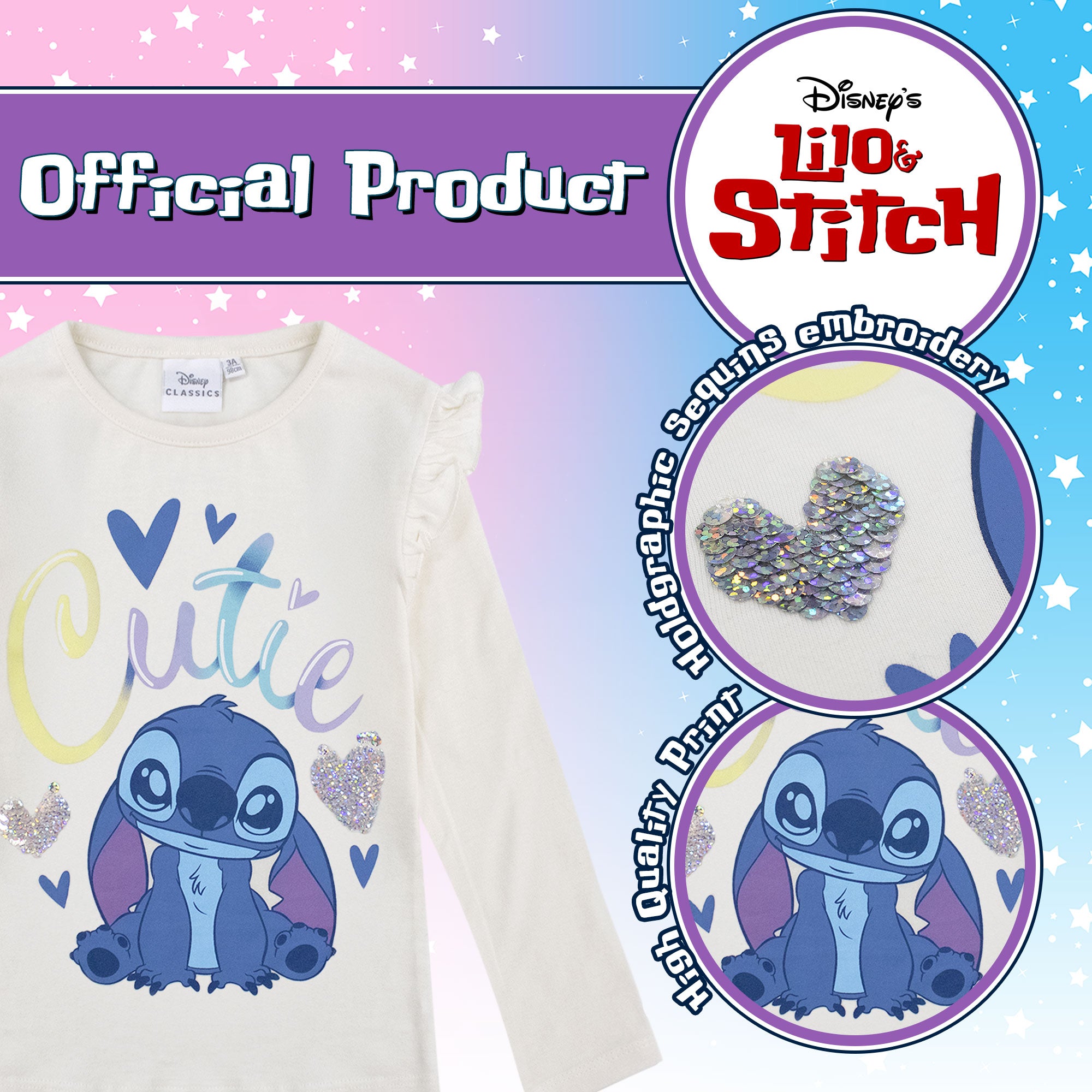 Disney Lilo und Stitch T-Shirt für Mädchen, langärmeliges Baumwollshirt 6962