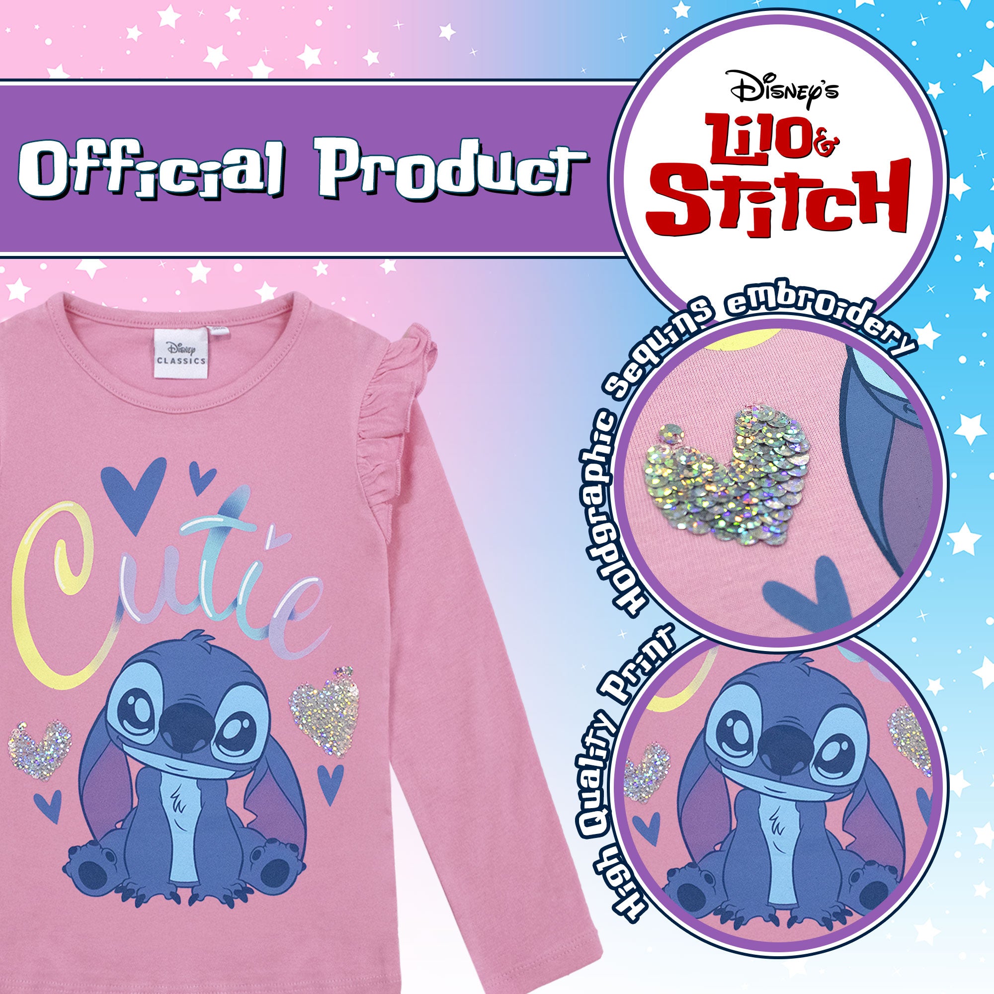 Disney Lilo und Stitch T-Shirt für Mädchen, langärmeliges Baumwollshirt 6962