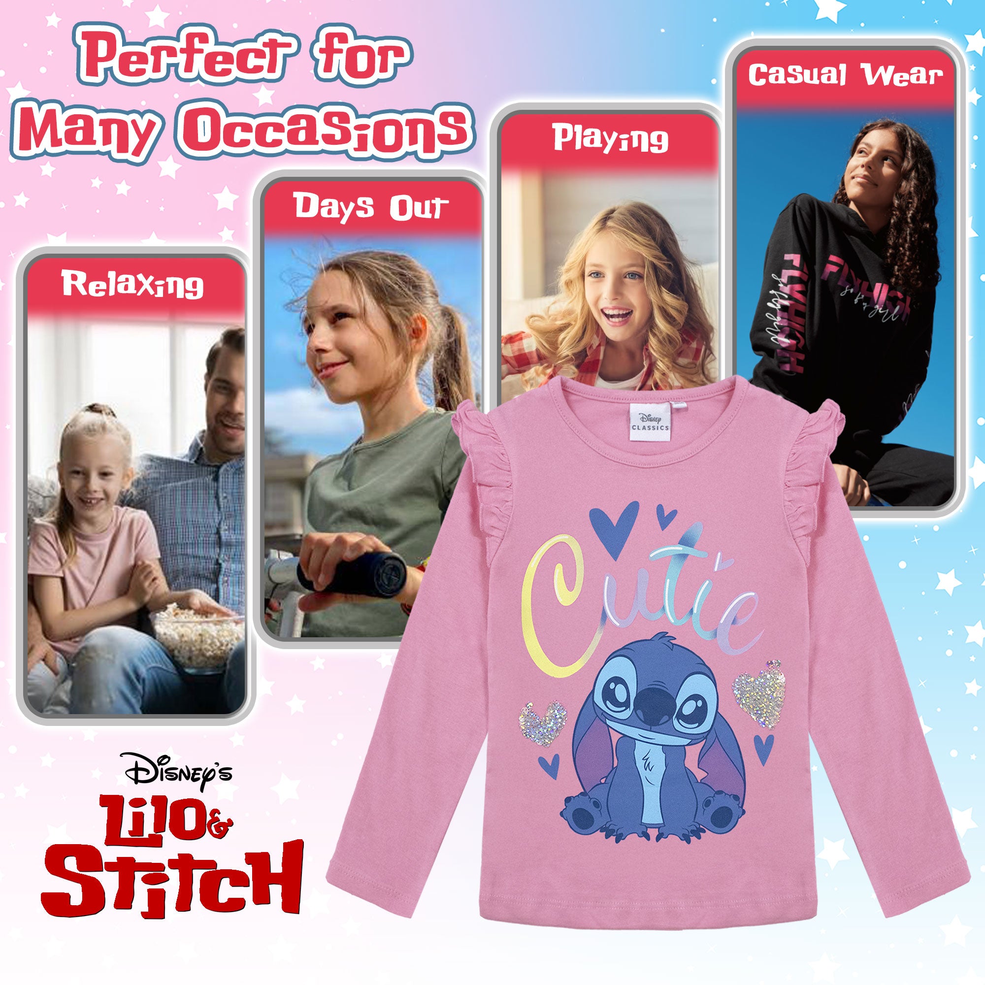 Disney Lilo und Stitch T-Shirt für Mädchen, langärmeliges Baumwollshirt 6962