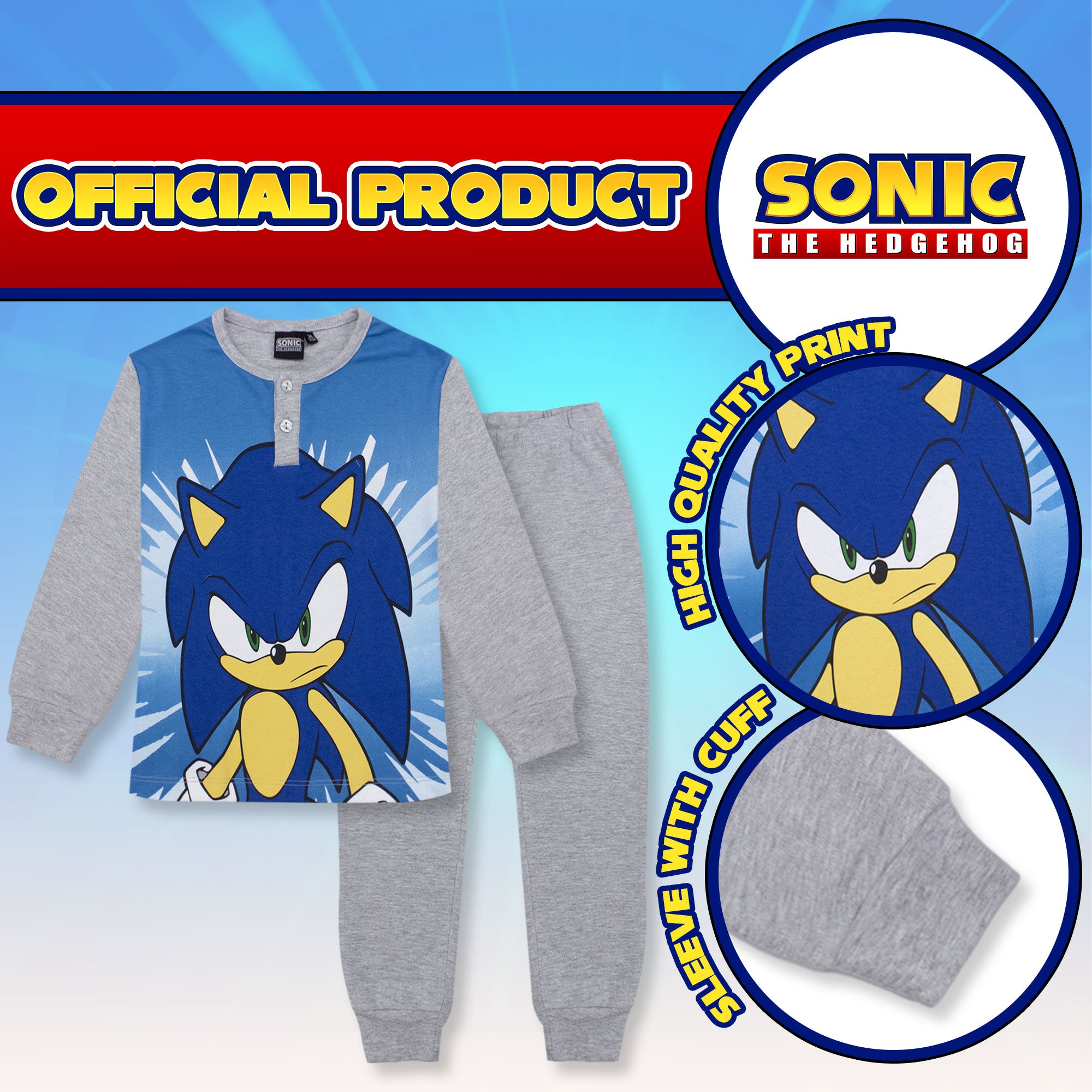 Pigiama Invernale Sonic Manica Lunga 100% Cotone Per Bambini - Personalizzato Con Nome, Nero/Azzurro