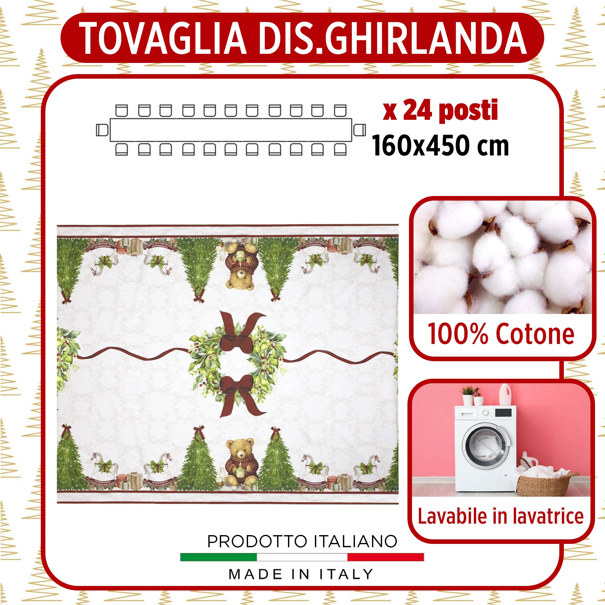 Tovaglia Natalizia 24 posti copritavolo cotone stampato Ghirlanda di Natale 6981
