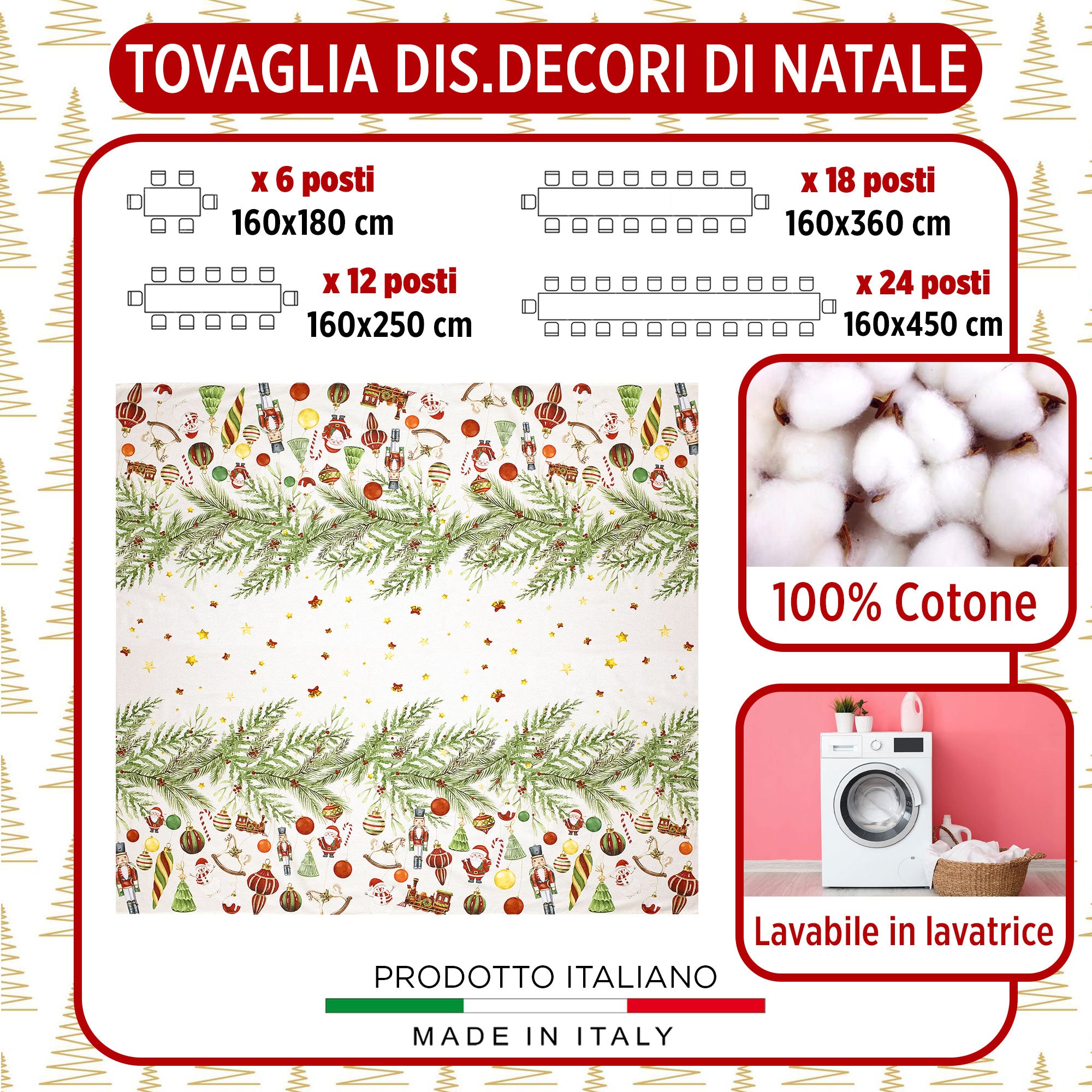 Tovaglia Natalizia 18 posti copritavolo cotone stampato Decori di Natale 7005