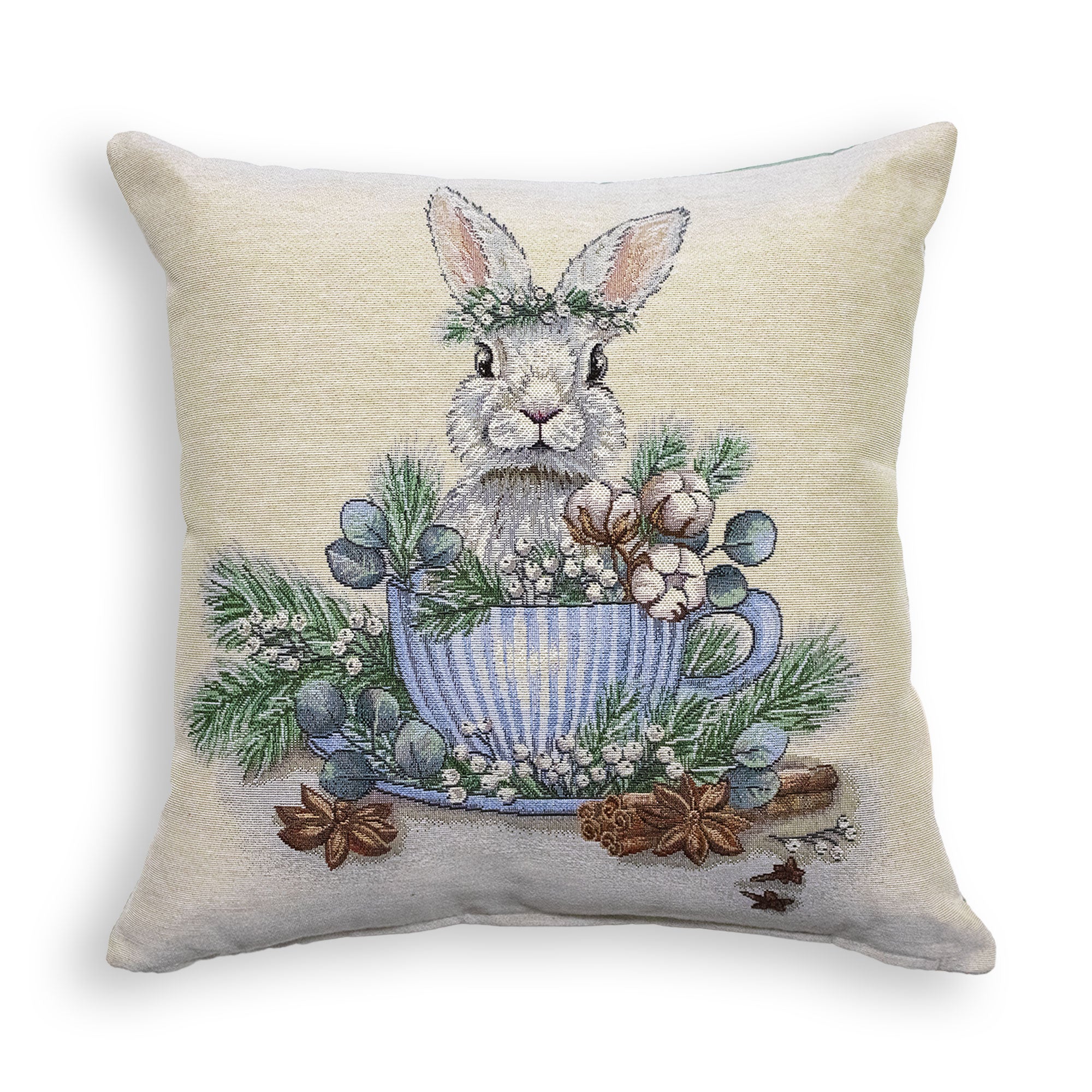 Cuscino arredo pasquale in gobelin decorazione Pasqua coniglio in tazza 7026