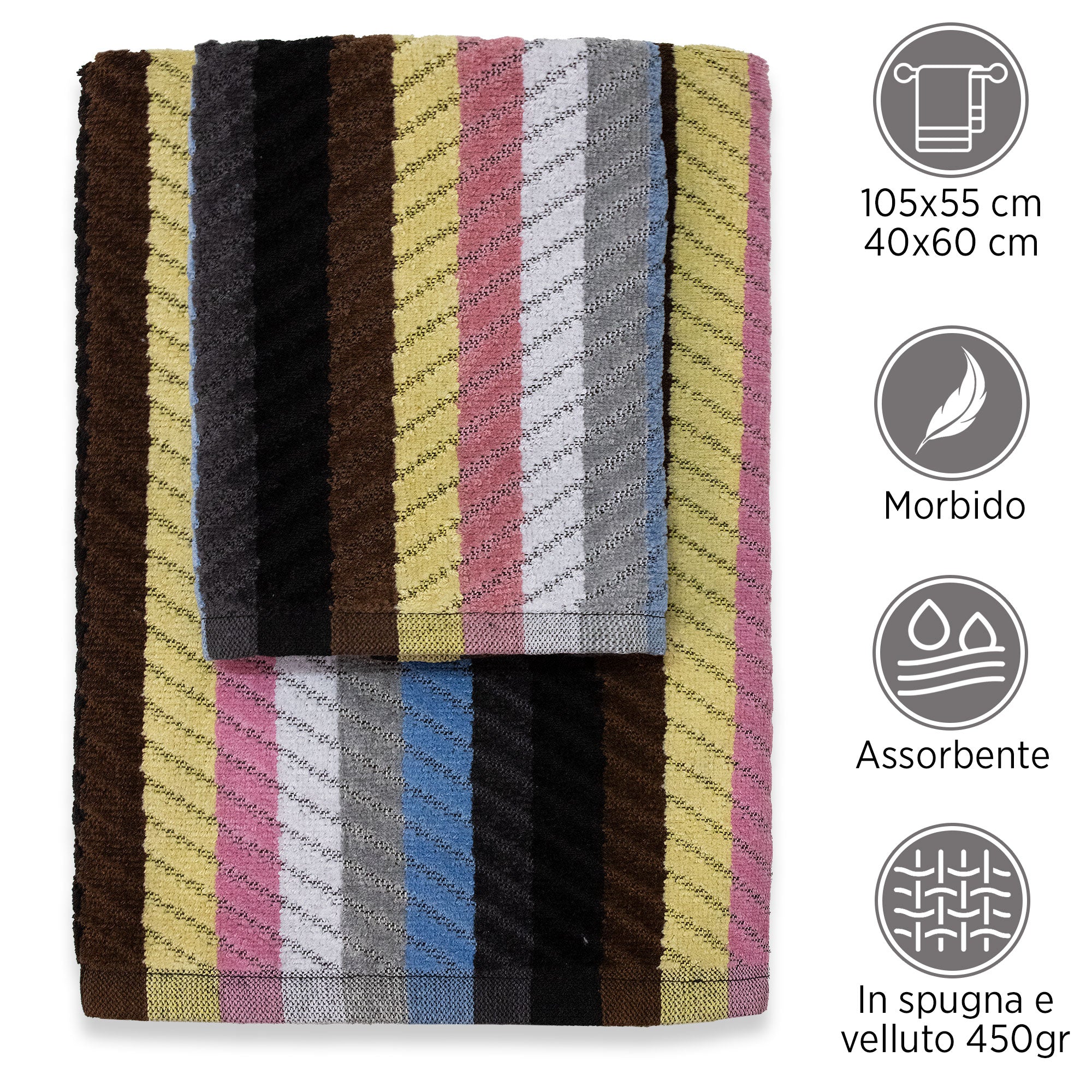 Asciugamani bagno Set 1+1 in spugna cinigliata e velluto Viso e Ospite 7033