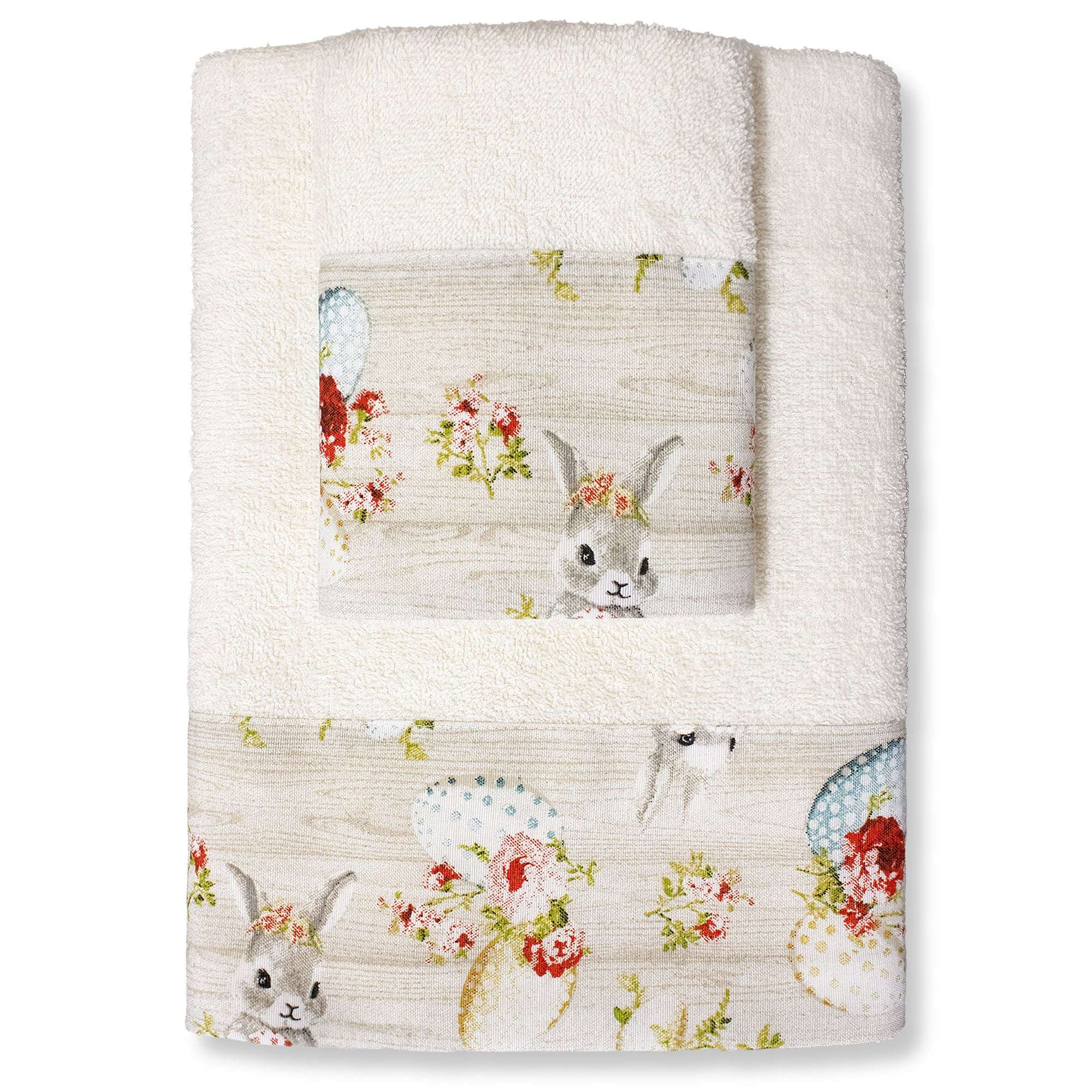 Asciugamani Pasquali Bagno set 1+1 in Spugna di Cotone Decoro Pasqua 7054