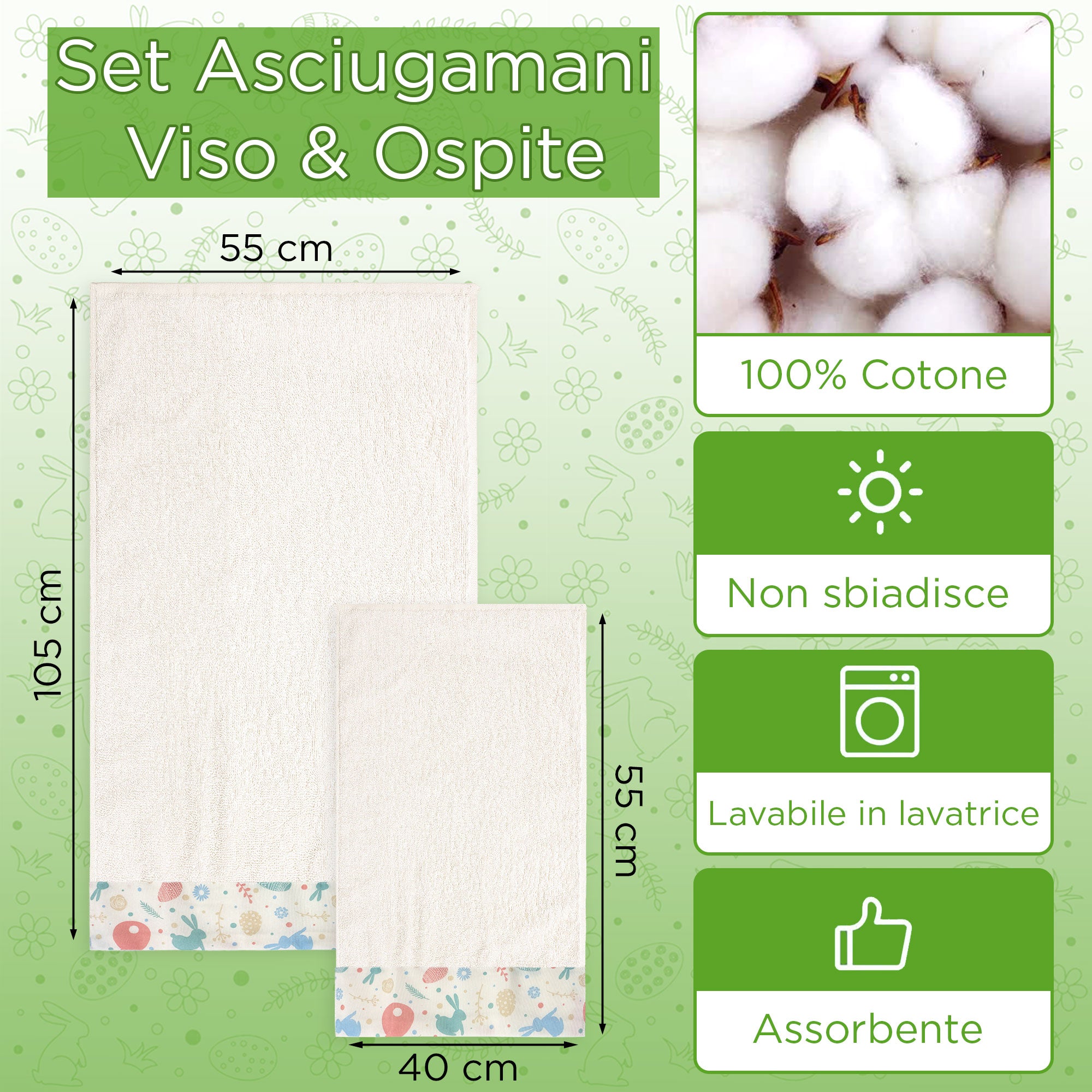 Asciugamani Pasquali Bagno set 1+1 in Spugna di Cotone Decoro Pasqua 7054