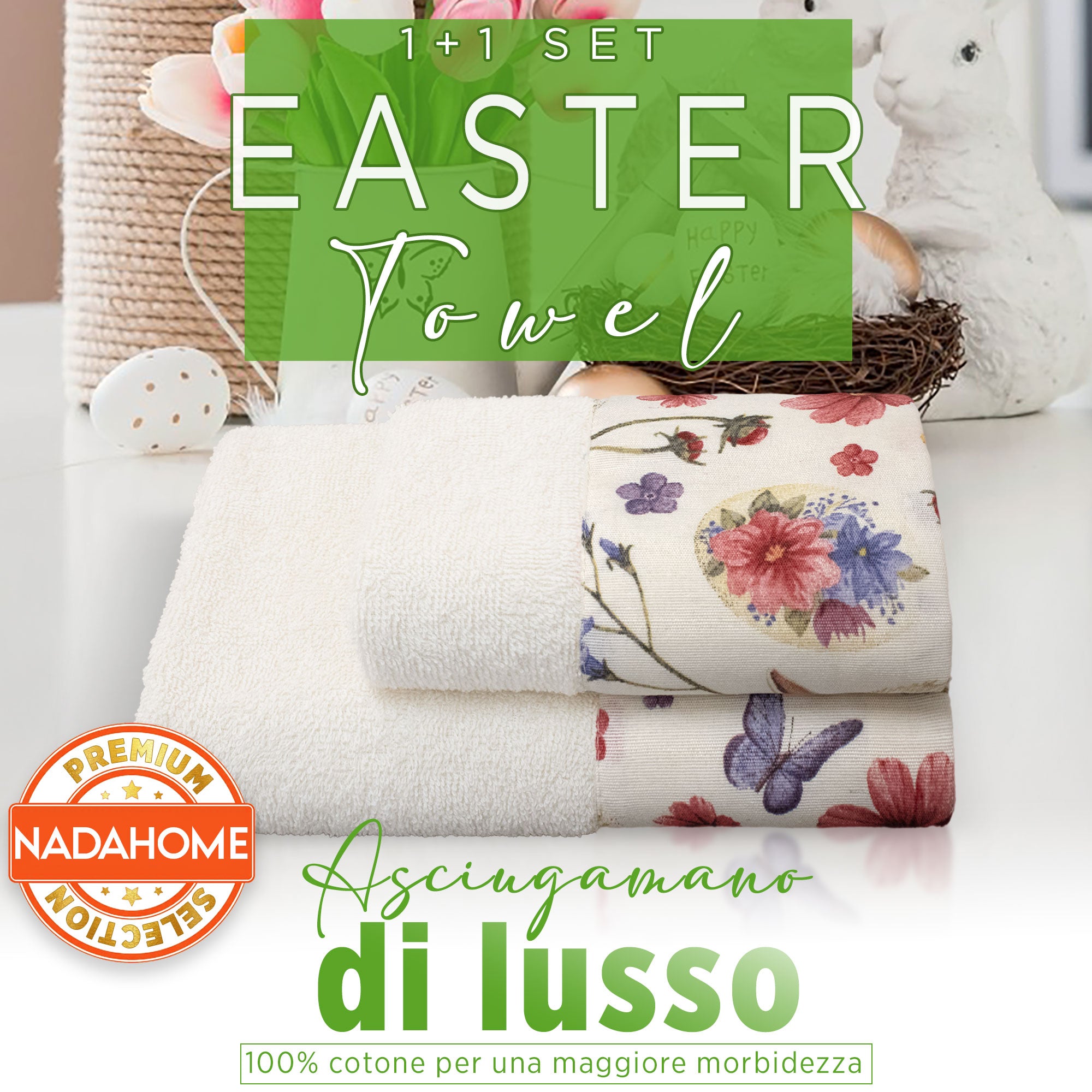 Asciugamani Pasquali Bagno set 1+1 in Spugna di Cotone Decoro Pasqua 7054