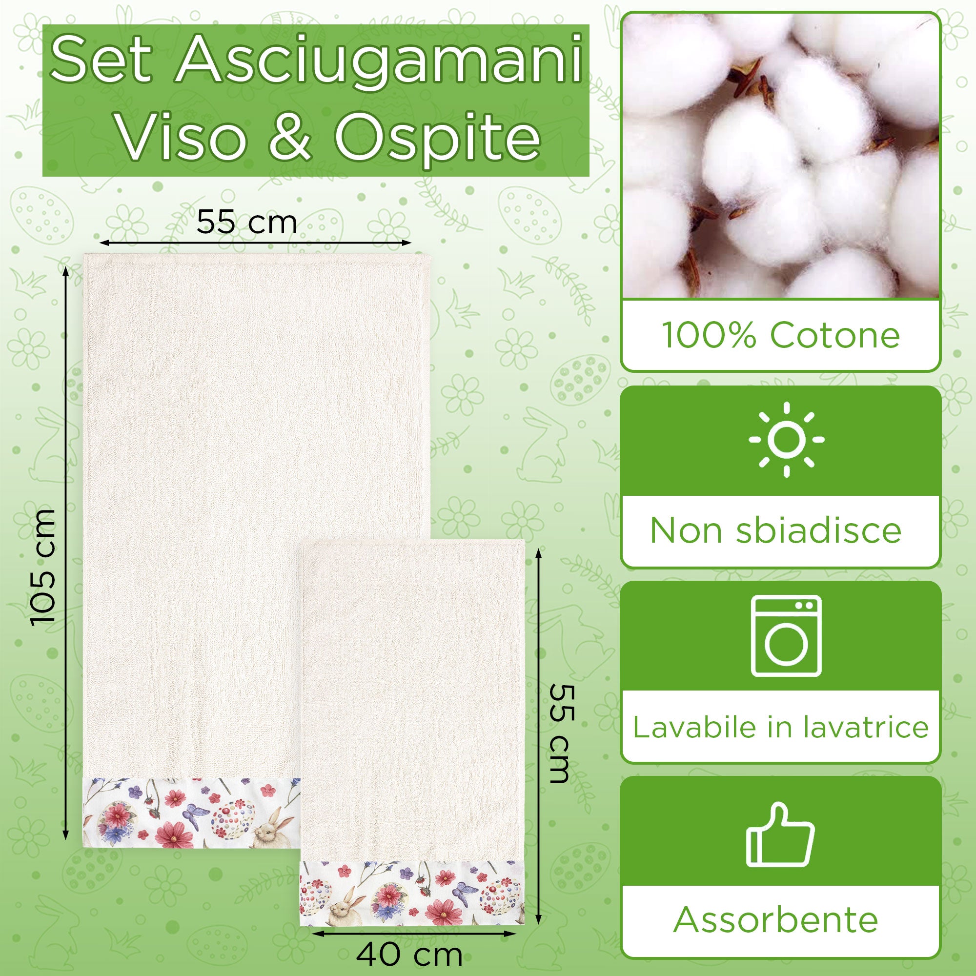 Asciugamani Pasquali Bagno set 1+1 in Spugna di Cotone Decoro Pasqua 7054