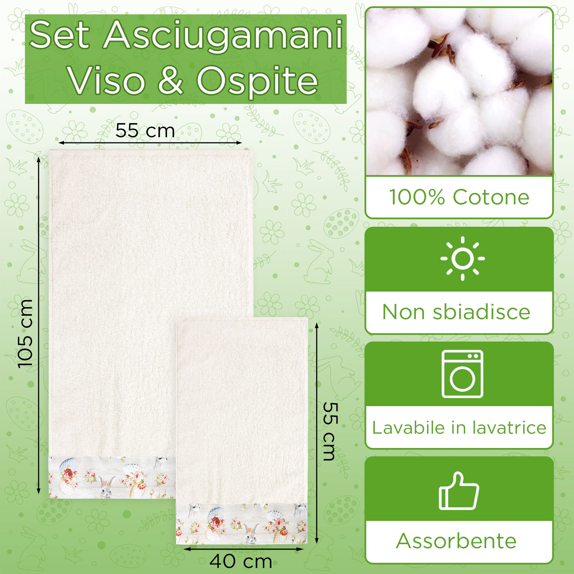 Asciugamani Pasquali Bagno set 1+1 in Spugna di Cotone Decoro Pasqua 7054