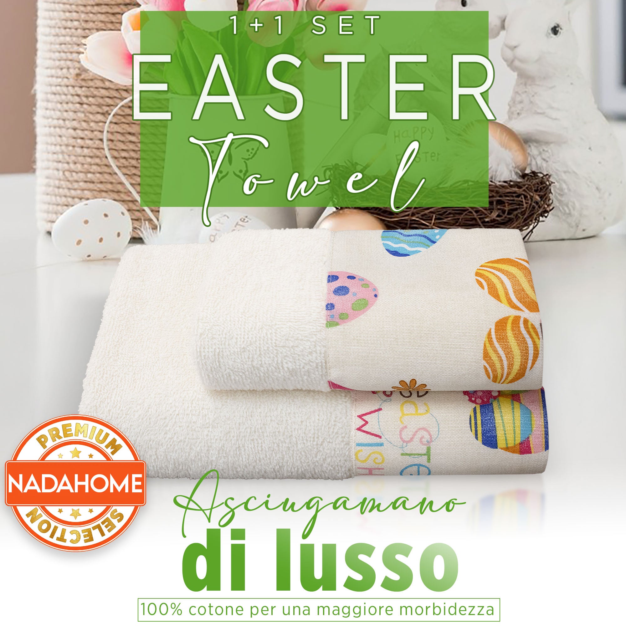 Asciugamani Pasquali Bagno set 1+1 in Spugna di Cotone Decoro Pasqua 7054