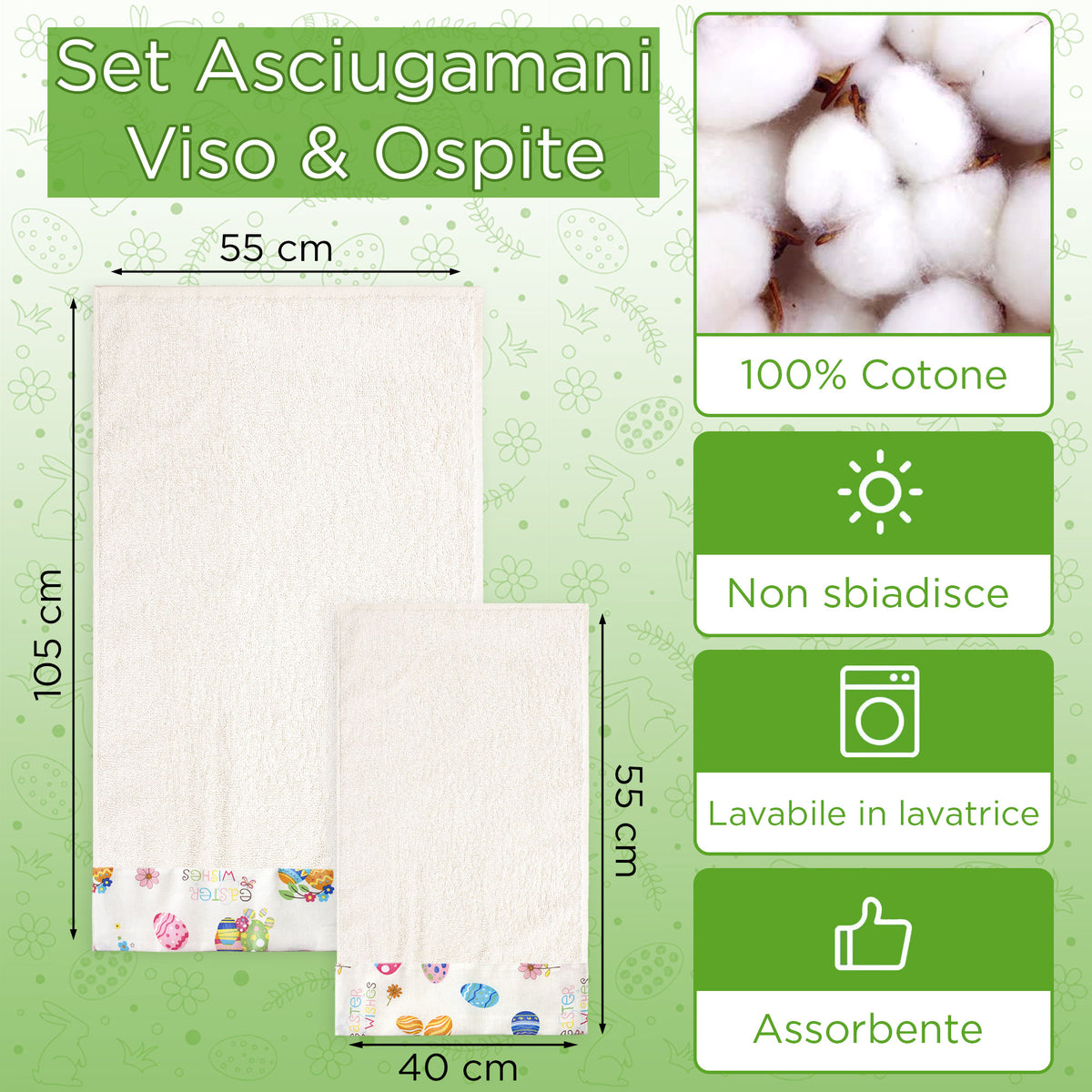 Asciugamani Pasquali Bagno set 1+1 in Spugna di Cotone Decoro Pasqua 7054