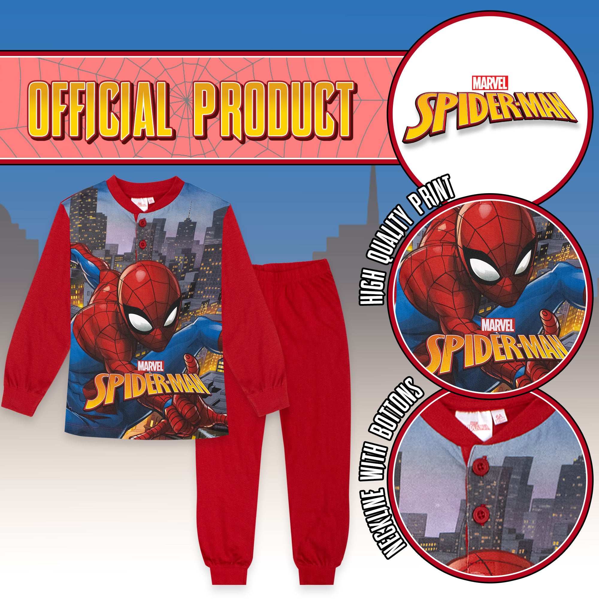 Pigiama Marvel Spiderman per bambino in cotone leggero a maniche lunghe 7075