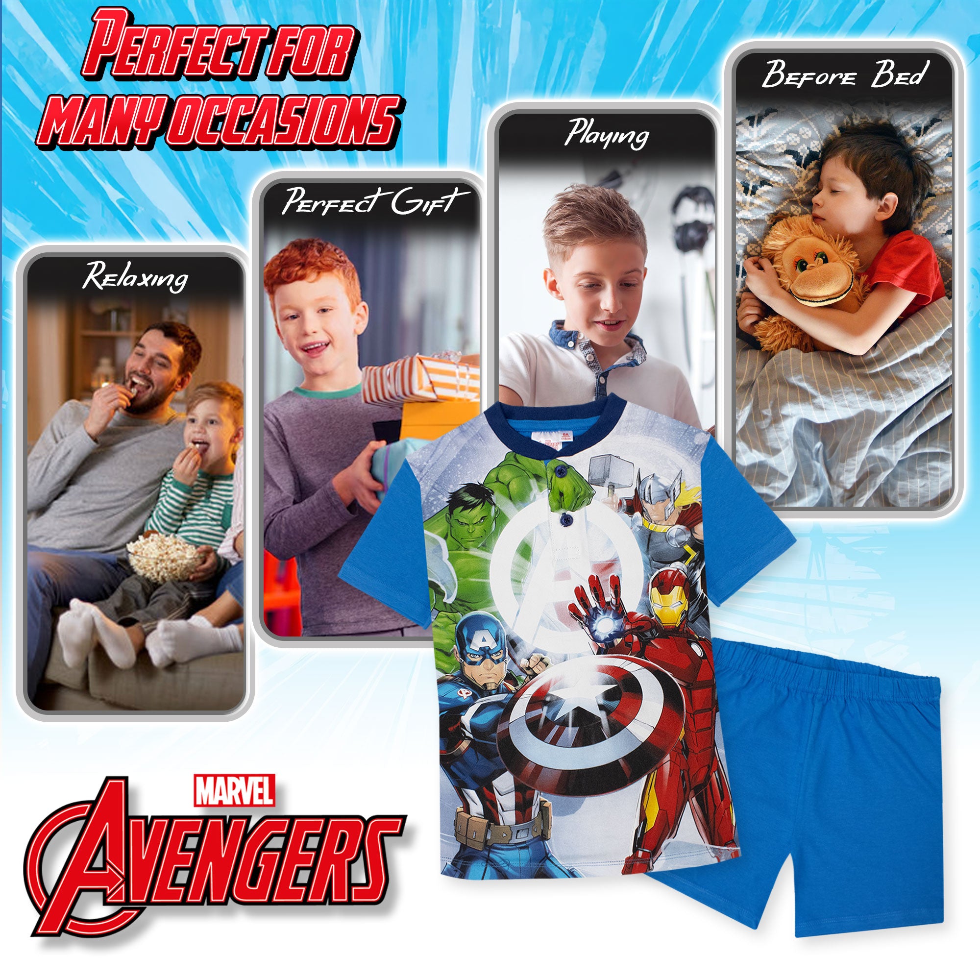 Pigiama Marvel Avengers corto per bambino in cotone leggero a maniche corte 7077