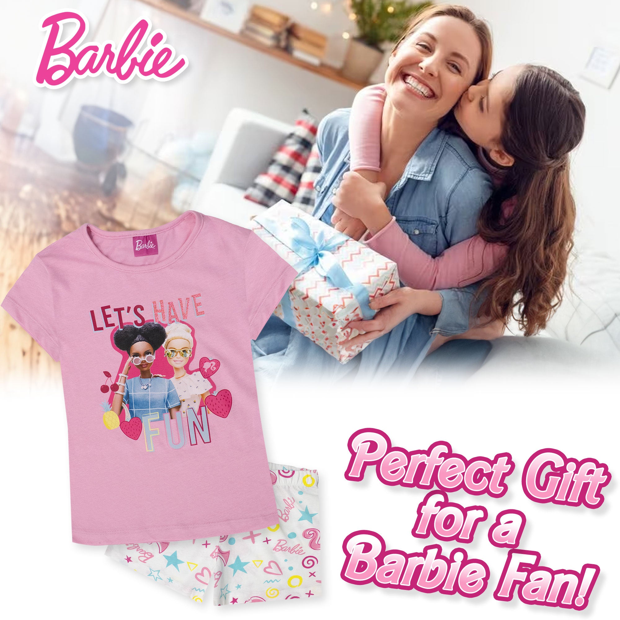 Pigiama Corto Barbie Per Ragazze | Cotone Traspirante Estate | Set Manica Corta + Pantaloncini