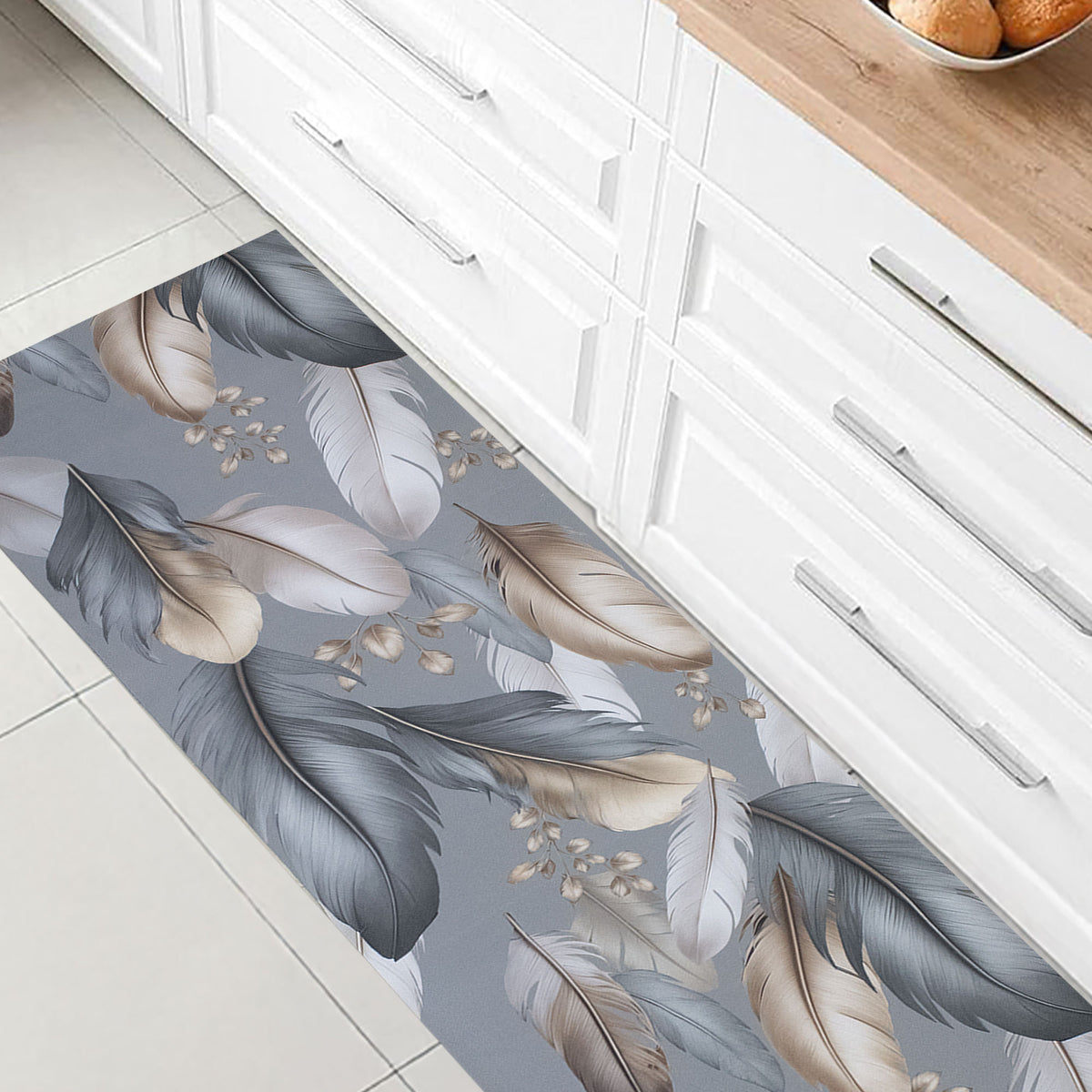 Non-slip kitchen runner rug by the meter with rubberized feathers digital print 7122