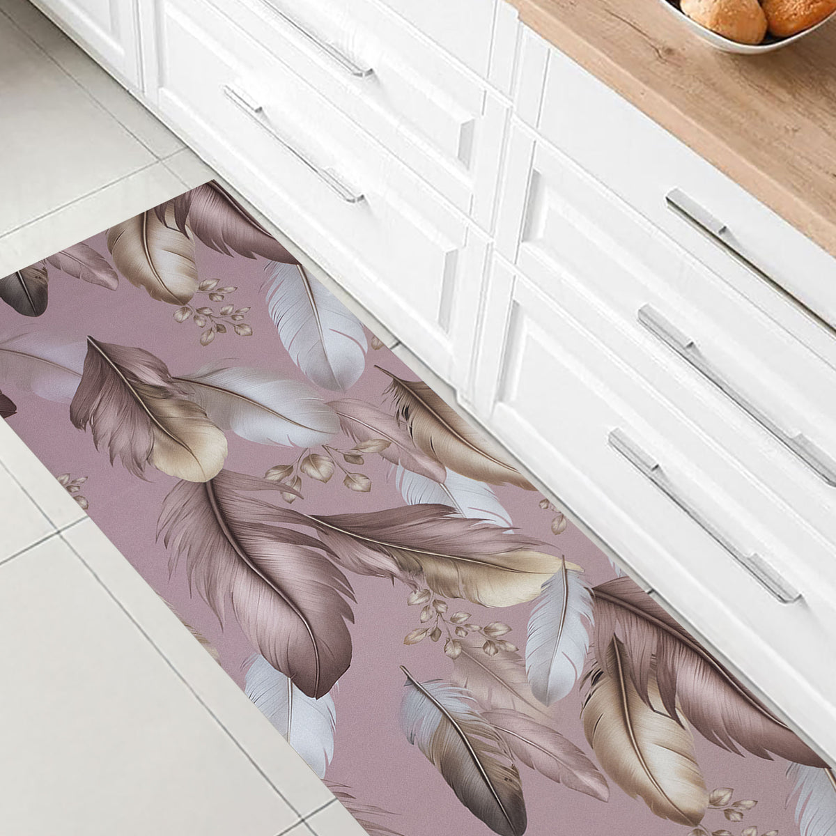 Non-slip kitchen runner rug by the meter with rubberized feathers digital print 7122